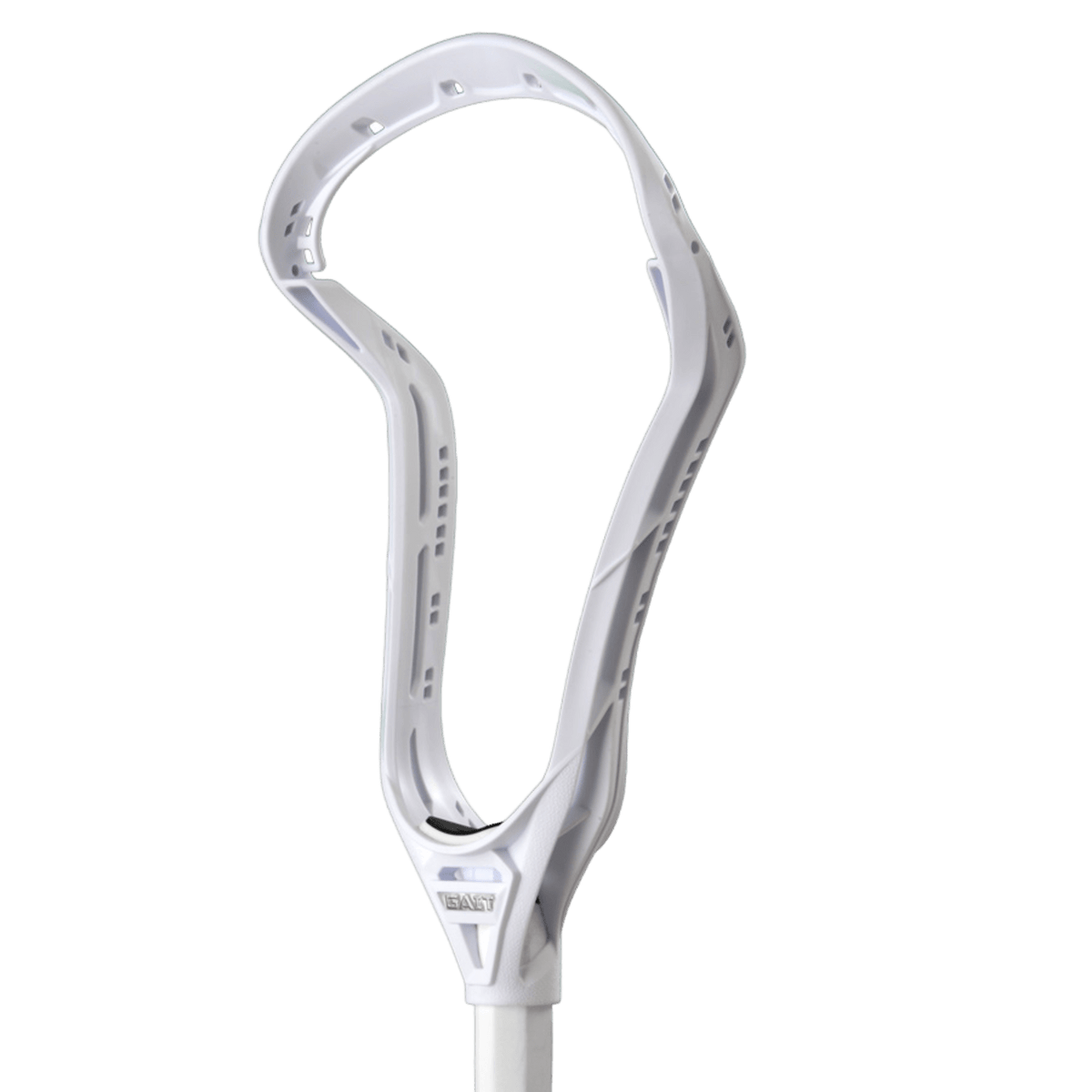 The GWHIHUW-BLK lacrosse head by Gait, equipped with Curved Offset Technology, offers a sleek and contemporary design with numerous stringing holes. Its attachment to the top of a shaft stands out against a plain background, emphasizing the equipment's intricate craftsmanship.