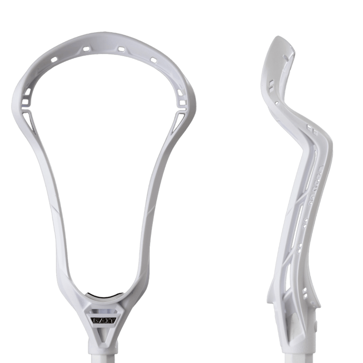 The Gait Whip Unstrung Lacrosse Head, in white, features a curved offset design and perforated details, perfect for catching and throwing the ball during gameplay. The lacrosse stick is equipped with this head on one end, showcasing views of its mesh pocket from both the front and side.