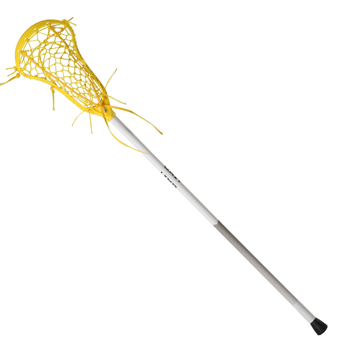 The Gait Air 2D Flex Mesh Complete Stick by Gait showcases a yellow lacrosse stick with a quick-release scoop, white shaft, and black grip tip, featuring a woven netting head on a transparent background.