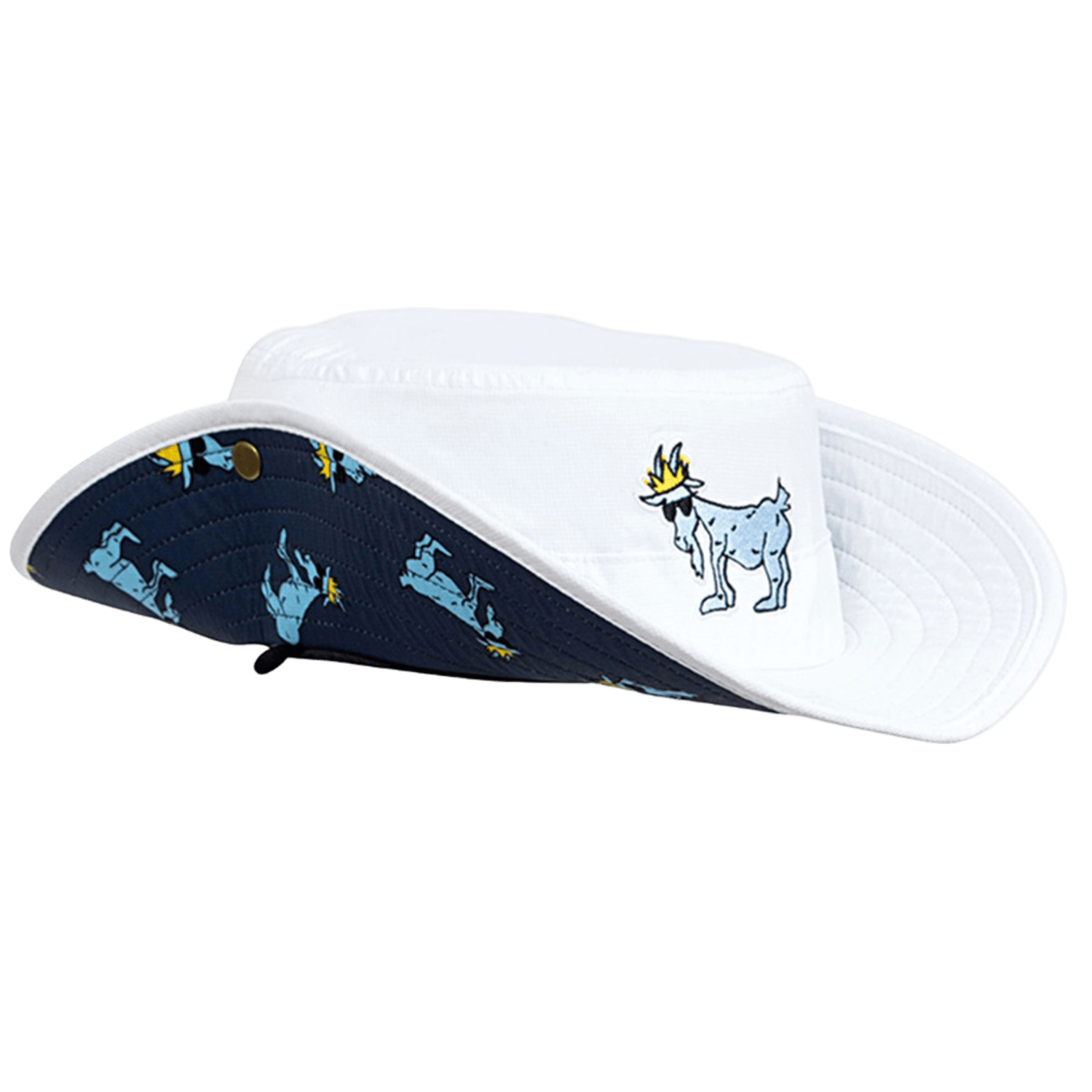 Discover the GOAT USA OG Bucket Hat by GOAT, a wide-brimmed hat combining style and sun protection. It features a playful dog pattern: the white portion showcases a crowned dog in yellow, while the navy section is embellished with multiple light blue dogs.