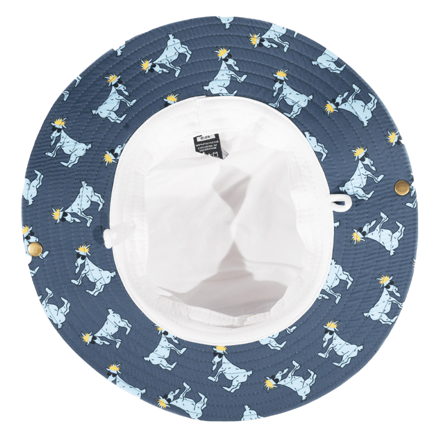 The GOAT USA OG Bucket Hat by GOAT is a wide-brimmed hat with a blue background, featuring a playful pattern of cartoon bulldogs in various poses, and the inside is white with a tag and fastening strap.