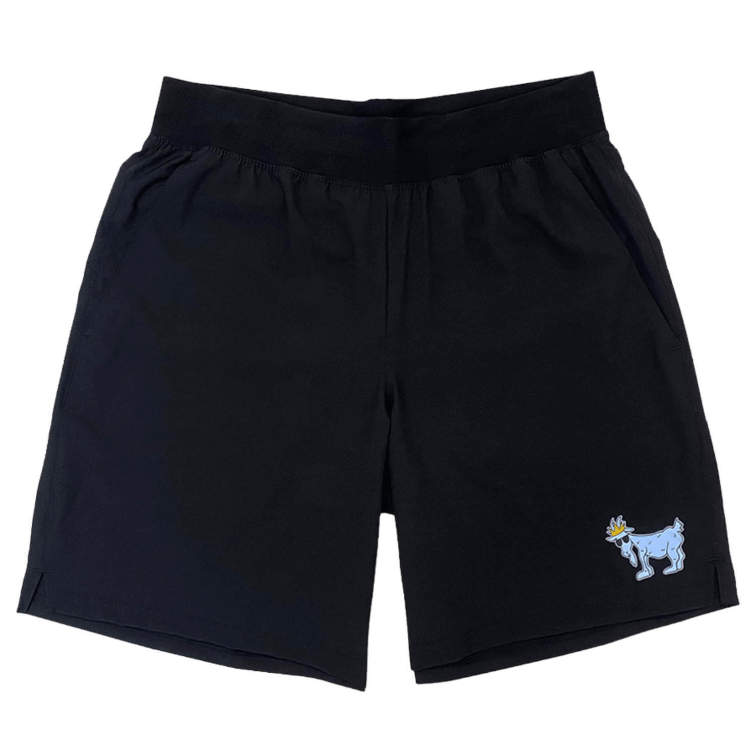 Explore the comfort and versatility of the GOAT USA OG Athletic Shorts by GOAT, designed with an elastic waistband for a perfect fit and adorned with a playful blue cartoon animal character crowned on the lower left leg.