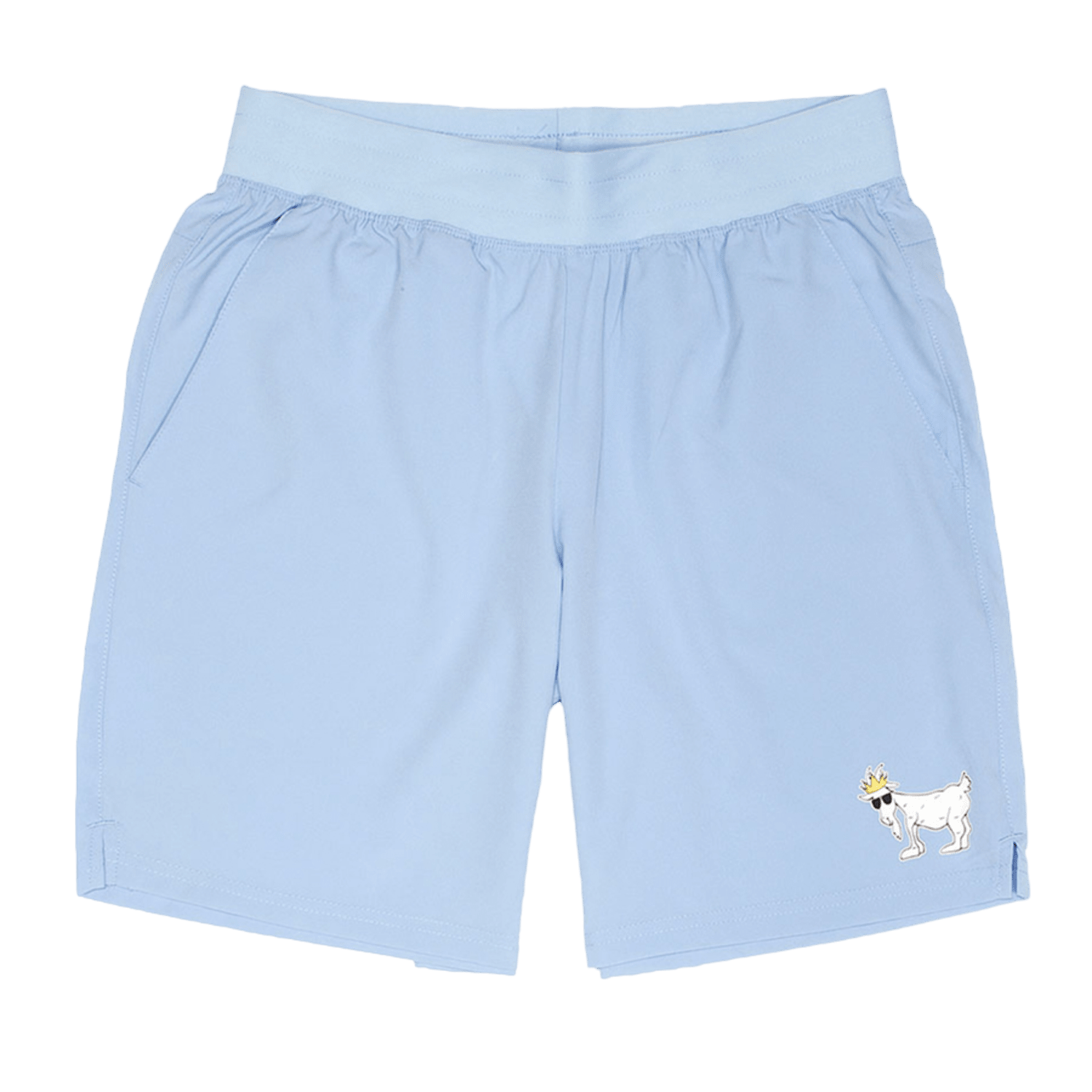GOAT USA OG Athletic Shorts by GOAT come in light blue, featuring an elastic waistband and side pockets for versatility and comfort. They are adorned with a small embroidered design of a white dog wearing a crown on the bottom right.