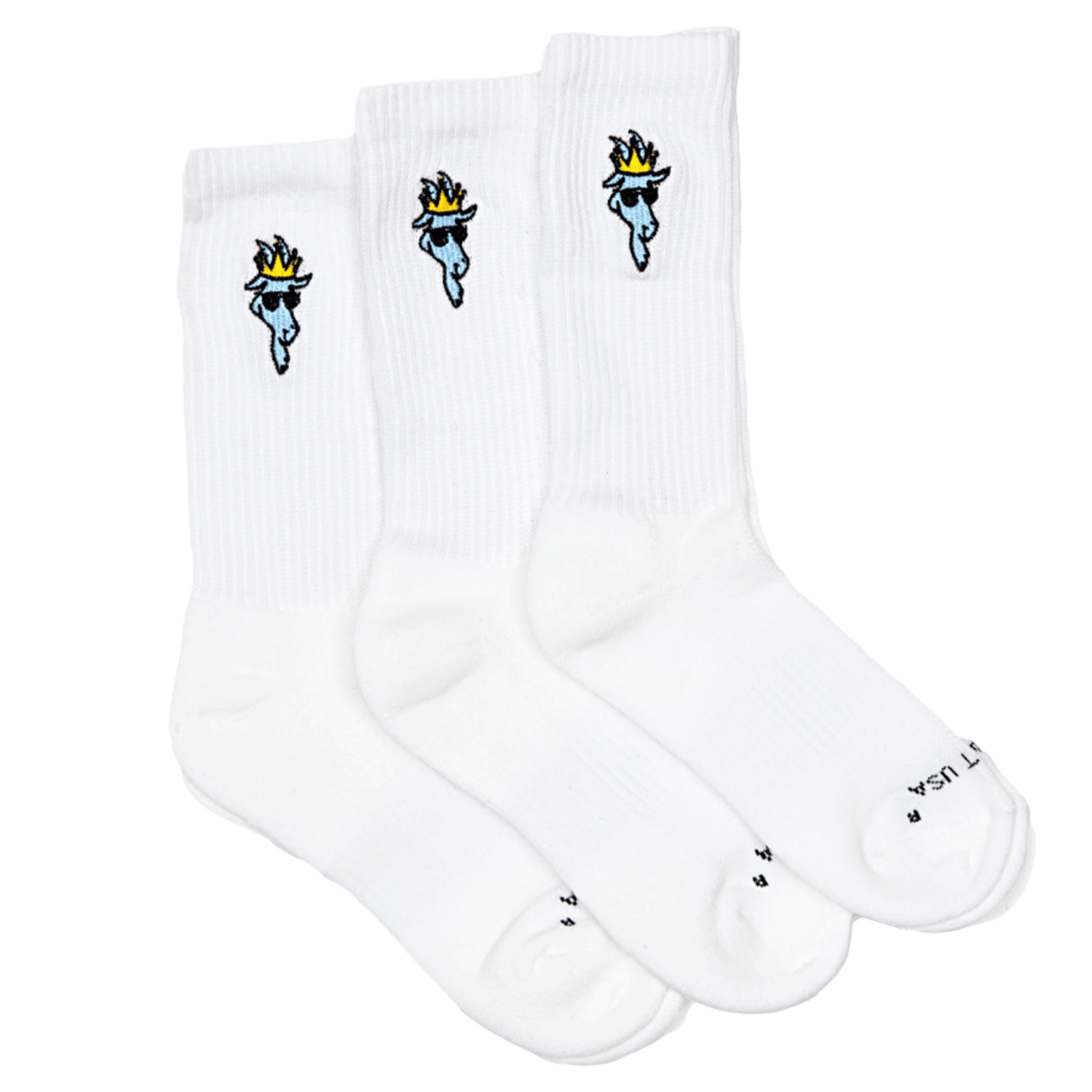 Three pairs of GOAT USA OG Socks by GOAT, showcasing a blue torch with a yellow flame design, provide heavenly soft comfort and phenomenal quality.