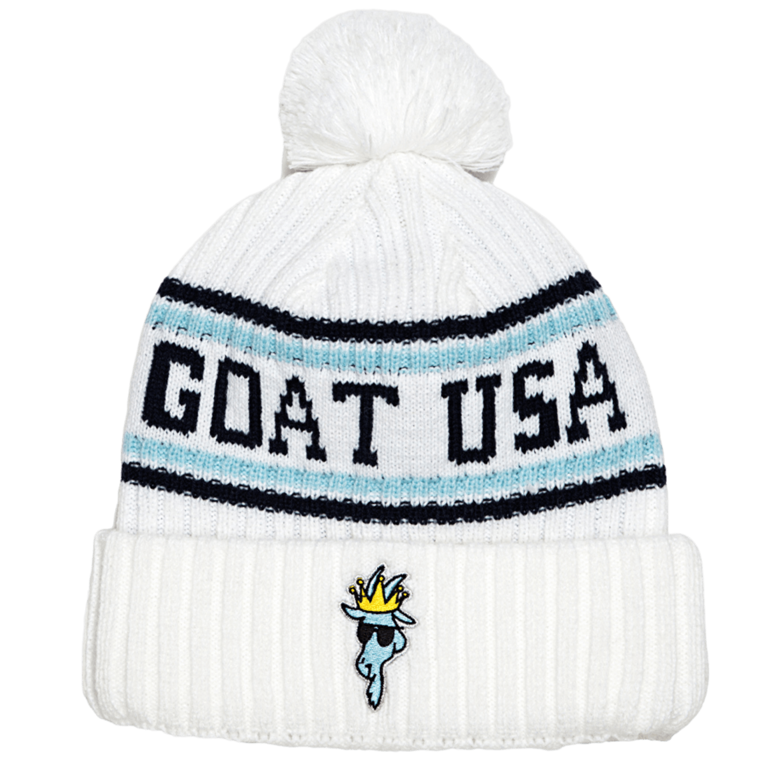 GOAT USA OG Winter Hat by GOAT, featuring a white beanie design with a pom-pom, bold "GOAT USA" black lettering, light blue and black stripes, and an embroidered goat wearing a gold crown.