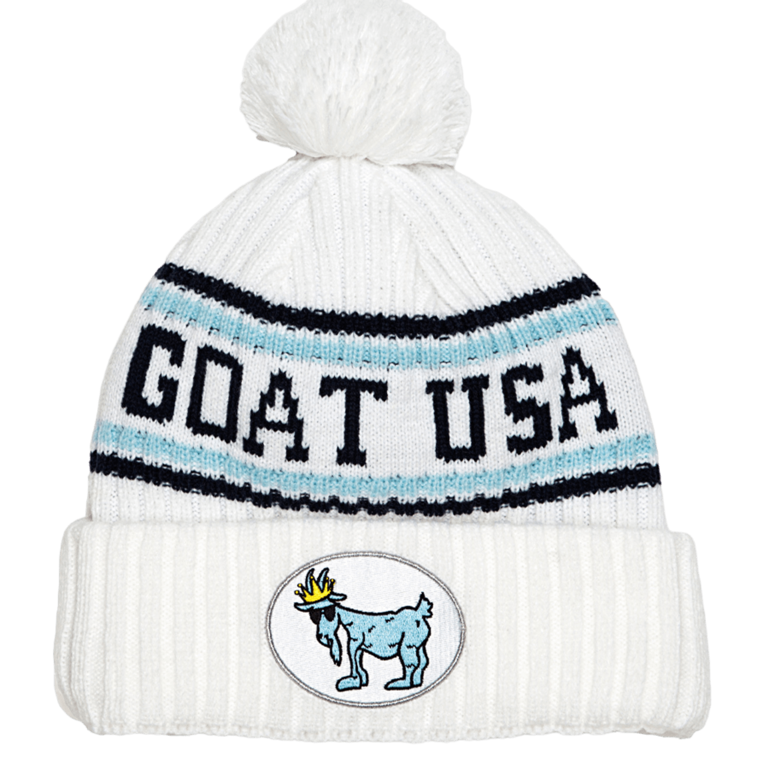 This is a white knit beanie (GU-0806) by GOAT, featuring a pom-pom on top. It displays "GOAT USA" in bold letters with an embroidered cartoon goat wearing a crown on the front. The hat is accented with blue and black stripes.