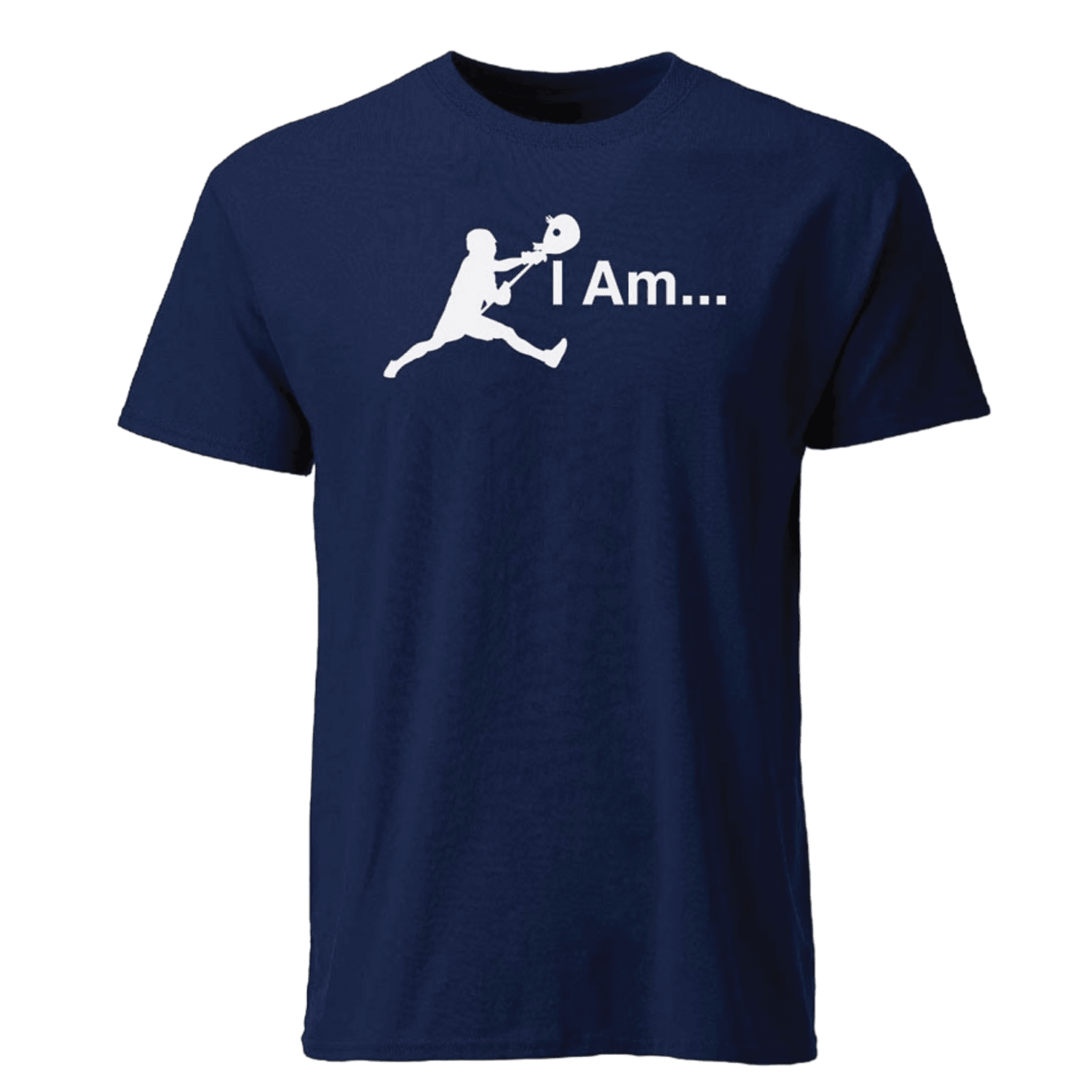 The Lax.com I Am Goalie T-Shirt showcases a white graphic of a lacrosse goalie in action on a navy blue background, complete with the text "I Am.