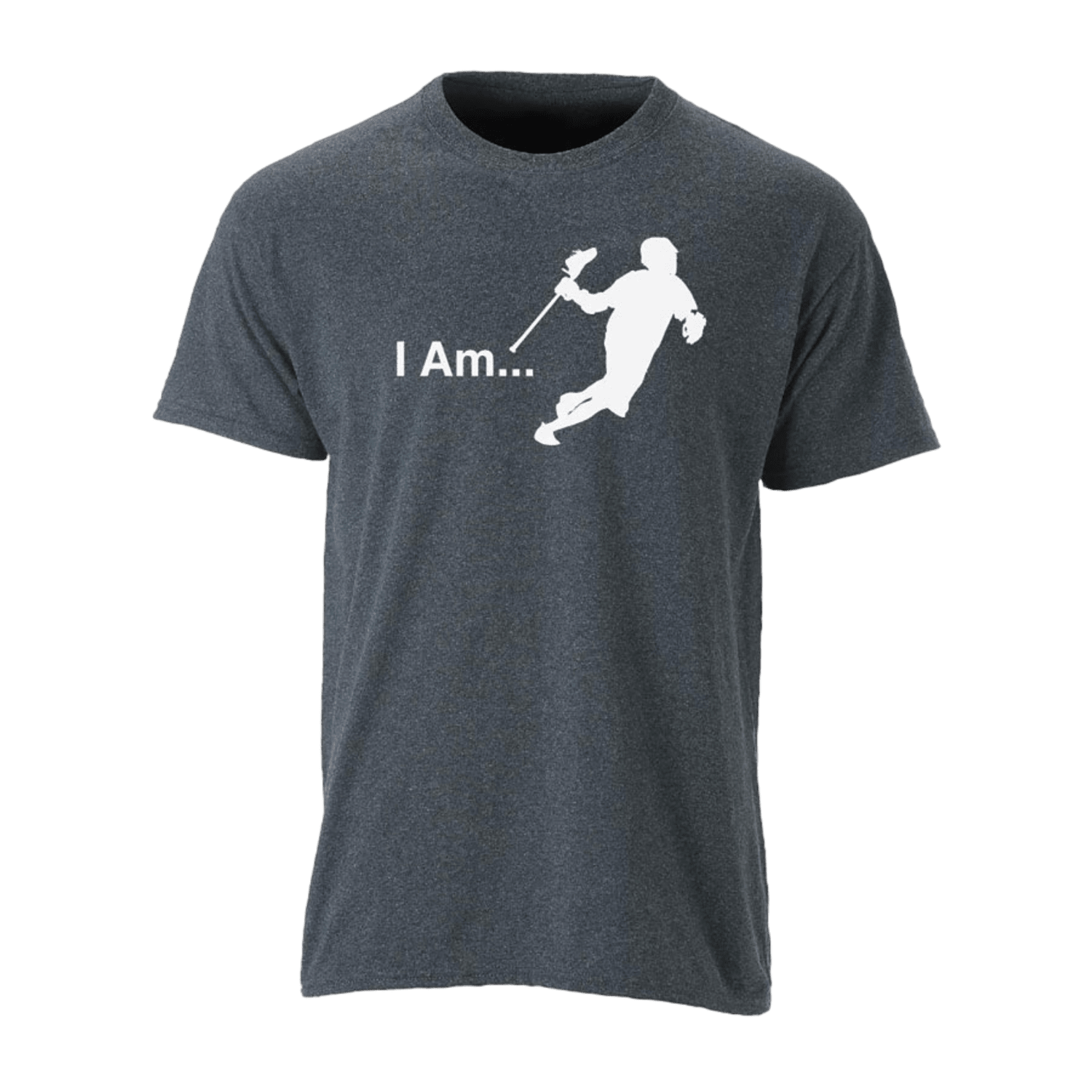 A dark gray "Lax.com I Am Attackman" t-shirt featuring a white silhouette of an attacker playing lacrosse, with the words "I Am..." printed beside it.