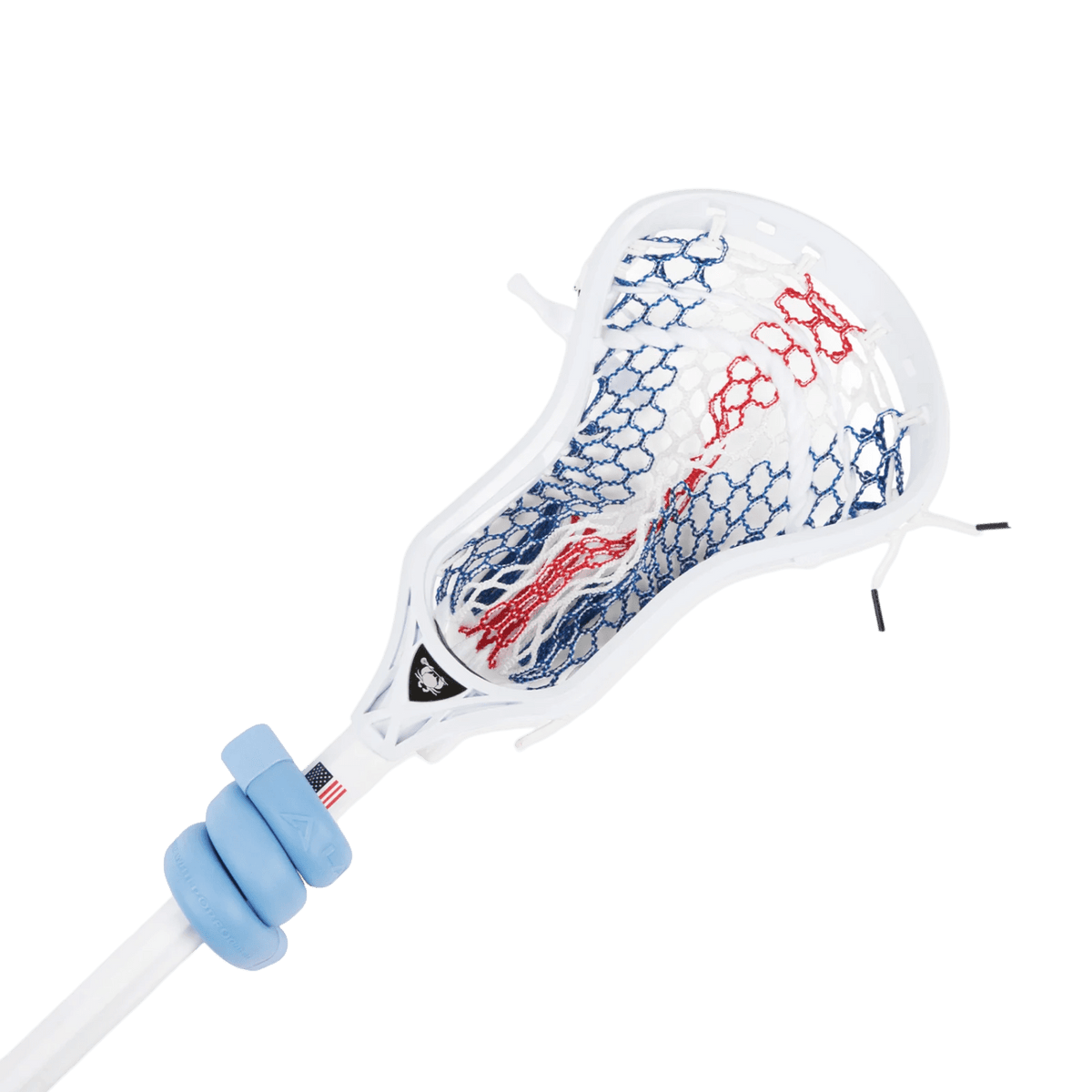 Presenting the LaceUp Lacrosse 12oz. Training Lace, a top choice for Wall Ball workouts, featuring a sleek white head complemented by dynamic red and blue netting. The shaft is finished in classic white with strategic blue grips near the head, ideal for fine-tuning shot speed advancements. Displayed against a solid green background, its cutting-edge design truly stands out.