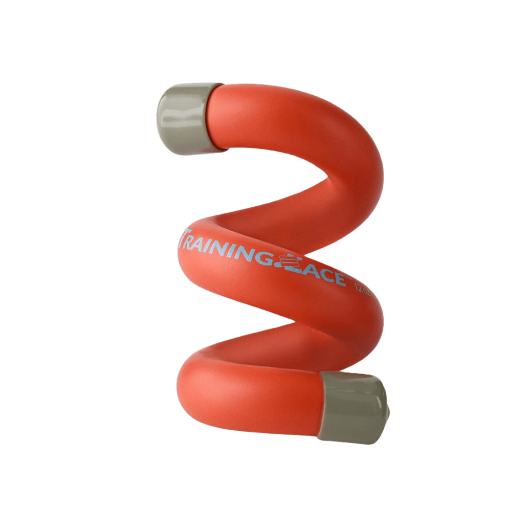 Introducing the LaceUp Lacrosse 5oz. Training Lace by LaceUp: a red, flexible, spiral-shaped rubber accessory with gray caps on each end. Expertly crafted to absorb vibrations during lacrosse training, this essential tool stands upright to help enhance shot speed and accuracy.