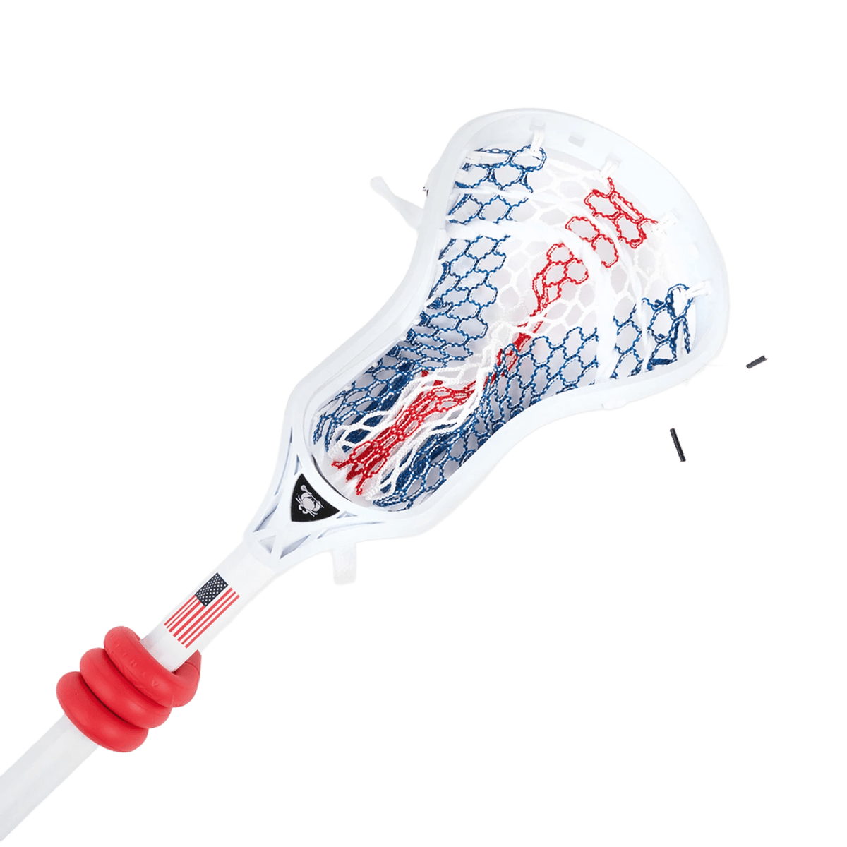 A LaceUp Lacrosse stick is featured, designed especially for training. It showcases white material with red and blue netting, while red bands around the handle ensure vibration-absorbing comfort. The stick also sports a stylish American flag detail near the base, all set against a plain green background.