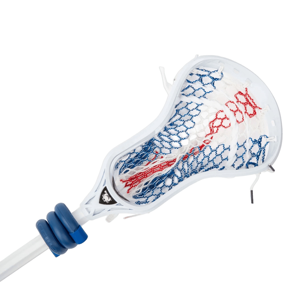 A close-up view of the LaceUp Lacrosse 8oz. Training Lace showcases a stick head with blue and red mesh netting, engineered to enhance shot speed. The sleek white frame includes three blue rings around the handle for an exceptional grip, while the red center of the netting, encased by blue diamonds, offers vital feedback for form correction during lacrosse training sessions.