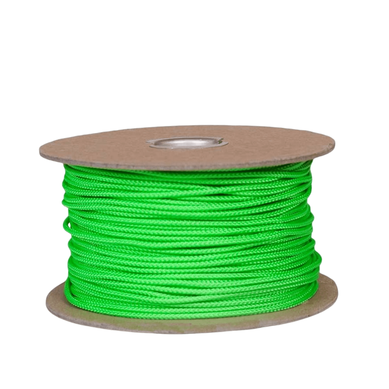 The Lax.com Crosslace String Spool, a vibrant green string ideal for lacrosse crosslace projects, is neatly wound on a cardboard cylinder and set against a simple green backdrop.