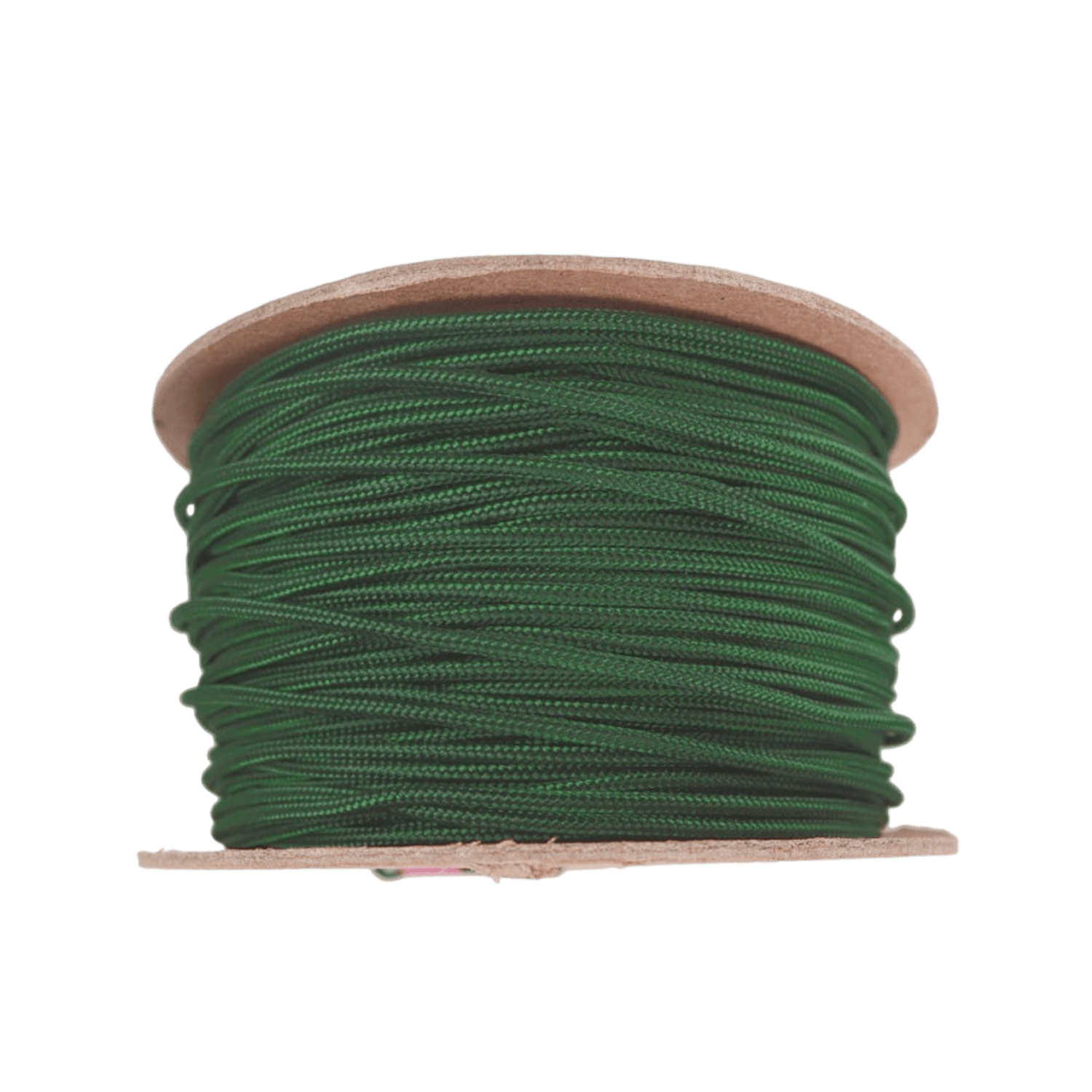 A large spool of tightly wound green rope from Lax.com, resembling their Crosslace String Spool, sits against a plain background. This spool features a wooden or cardboard core, and the rope has a smooth texture, making it perfect for high school lacrosse enthusiasts who want to craft their own custom sticks.