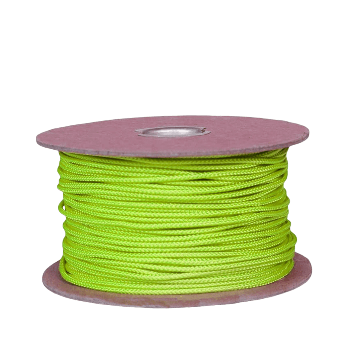 A spool of Lax.com Crosslace String, in a vivid green hue akin to lacrosse crosslace, is meticulously wrapped around a cylindrical cardboard core, positioned against a simple green backdrop.