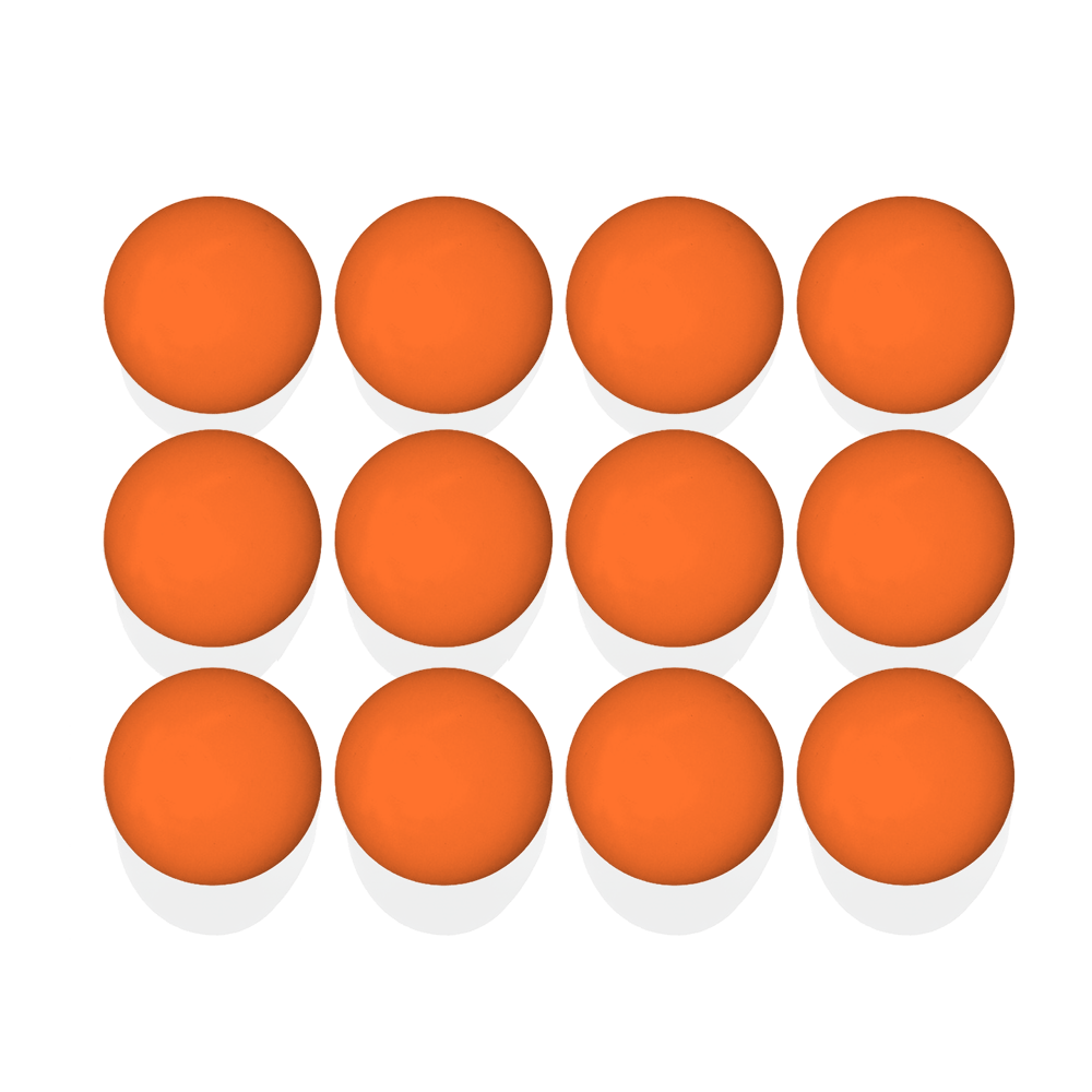 A 12-pack of Lax.com Lacrosse Balls is displayed in four rows of three against a plain background, highlighting their suitability for certified game play.