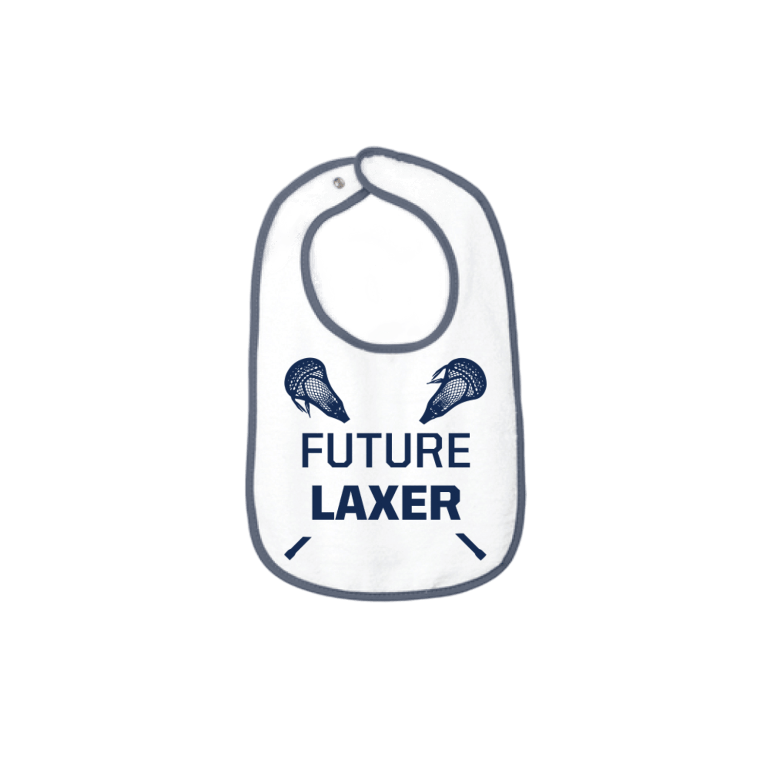 The "RS1003" by Lax.com is a white lacrosse bib with navy blue edges, perfect for little ones destined to be future laxers. It features crossed lacrosse sticks and "FUTURE LAXER" in navy blue, making it an ideal gift for budding athletes.