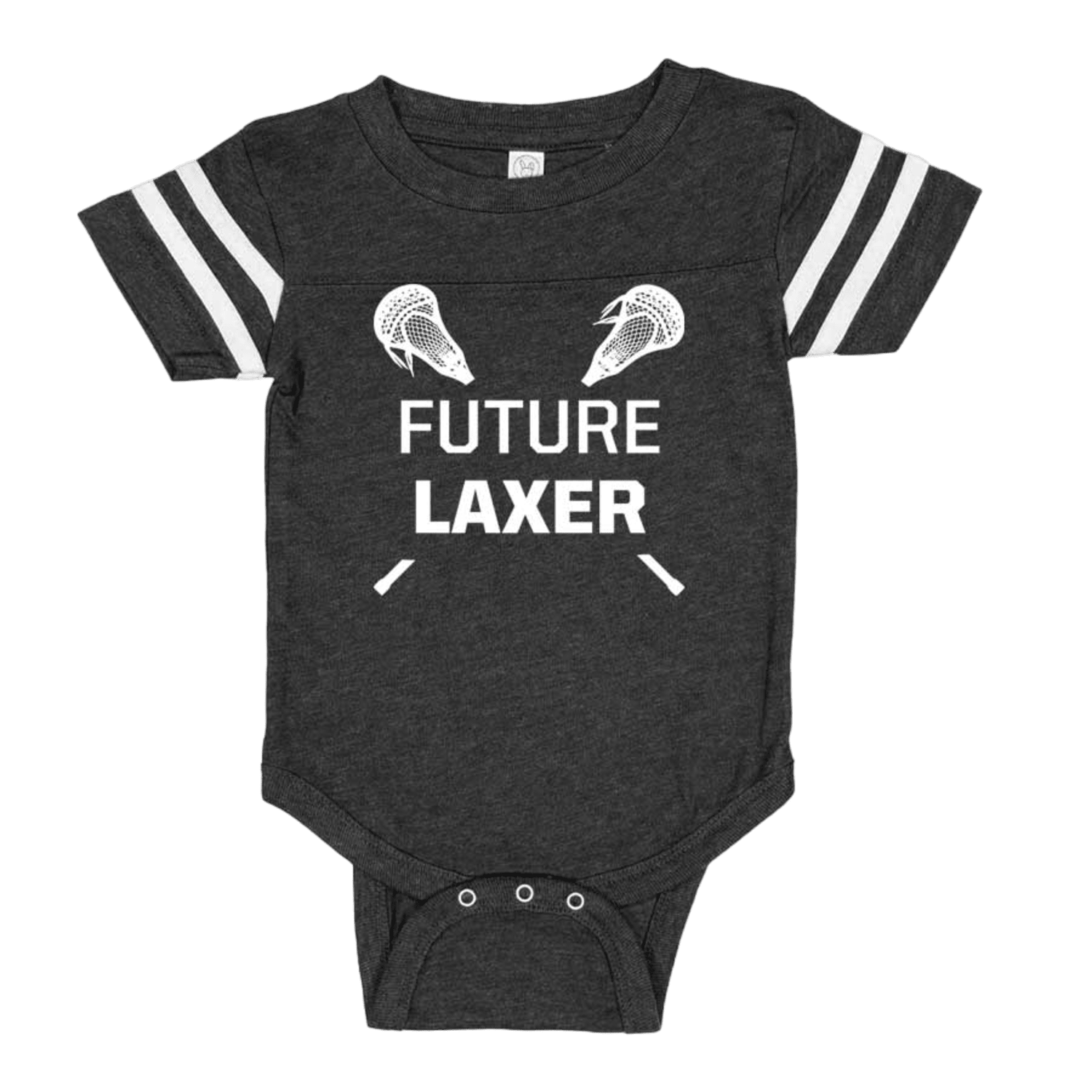 Introduce your little one to the world of sports with the RS4437 from Lax.com. This black onesie features white stripes on the sleeves and is designed for budding athletes. The bold "FUTURE LAXER" text on the front, paired with two lacrosse sticks and helmets, makes it an irresistibly cute choice for your future lacrosse star.