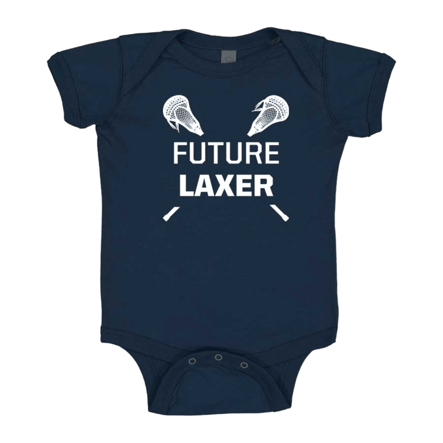 The Lax.com Future Laxer Onesie by Lax.com is a navy blue baby bodysuit featuring "FUTURE LAXER" in white text, alongside two lacrosse helmets above and crossed lacrosse sticks below, ideal for your adorable future lacrosse player.