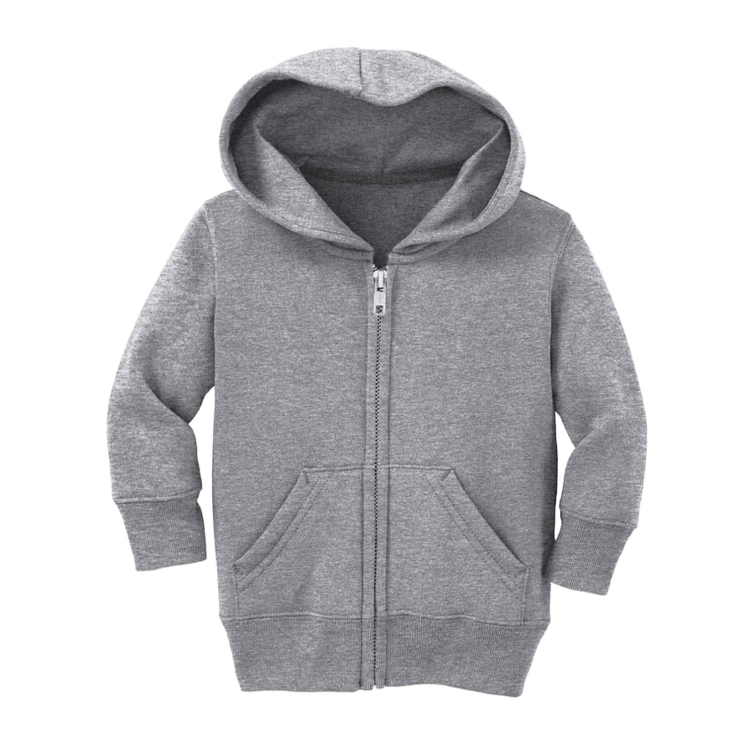 A gray zip-up hoodie, identified as CAR78IZH from Lax.com, comes with a cozy hood and two comfy front pockets, showcased against a solid green background.