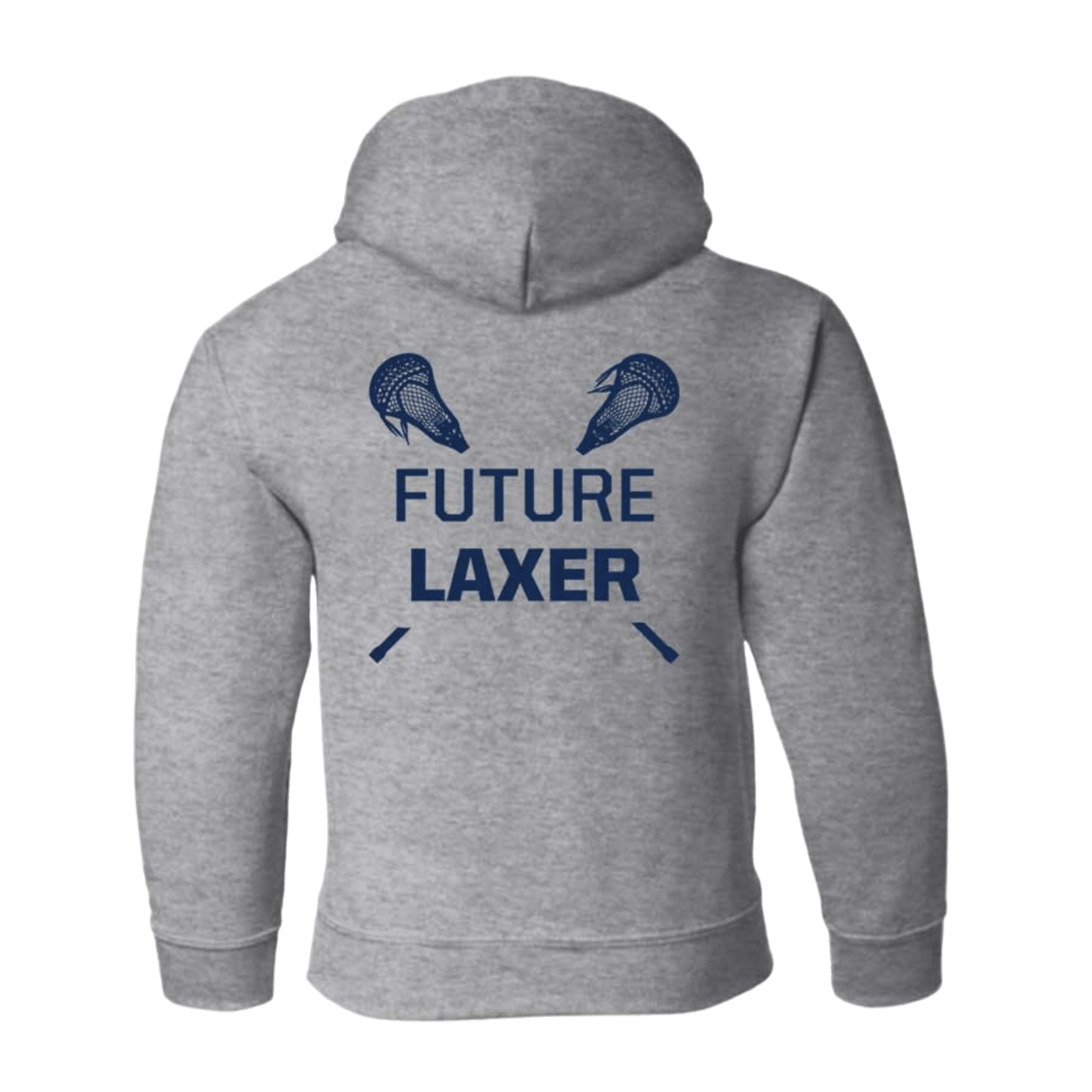 The CAR78IZH by Lax.com is a soft gray hoodie featuring "FUTURE LAXER" printed on the back in blue, with two lacrosse sticks crossing at the bottom and two lacrosse heads above the text. It's as comfy as it is stylish, making it perfect for any aspiring lax star.