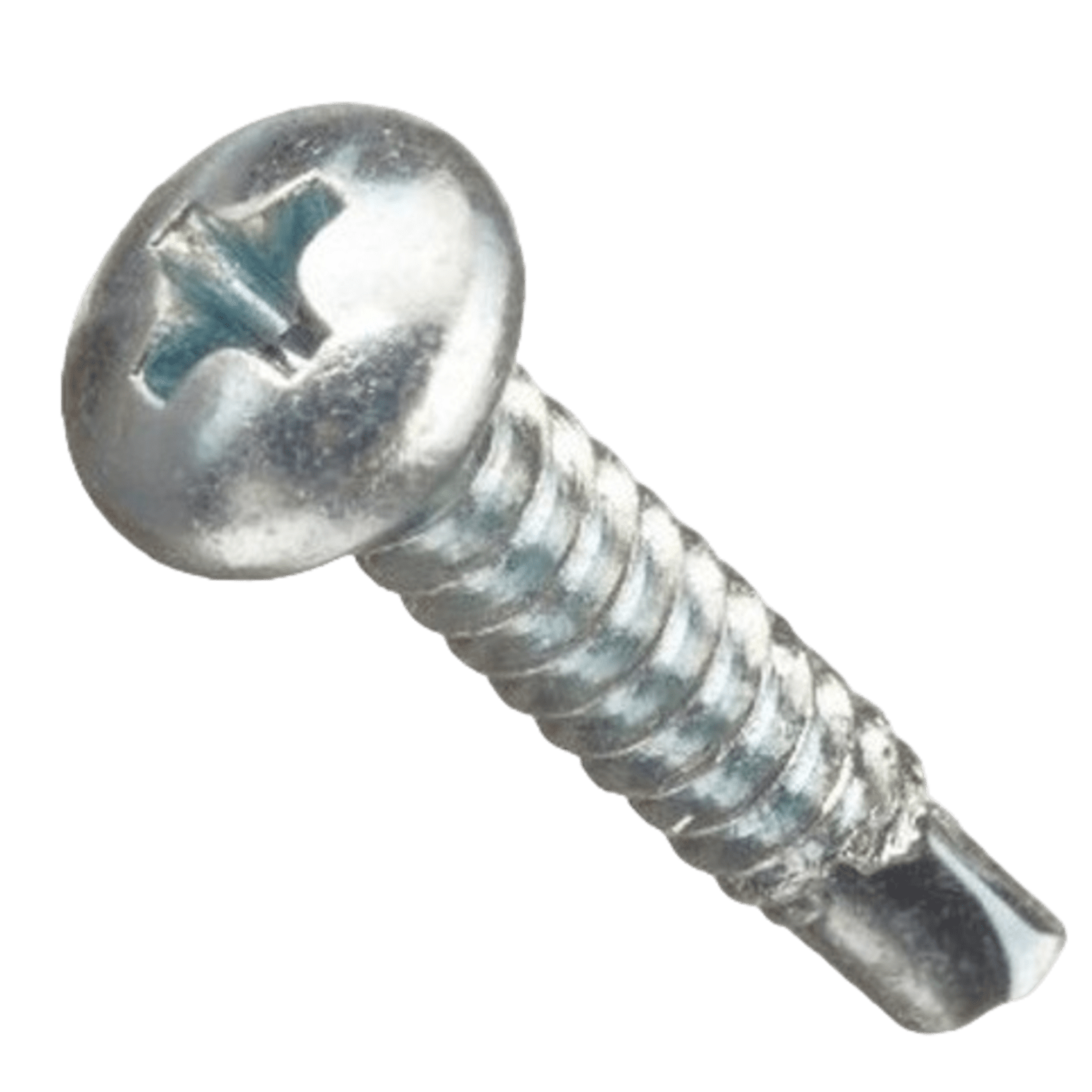 The image features a Lax.com Head Screw, showcasing its silver, self-tapping metal design with a cross-shaped Phillips head. The shiny, threaded body is angled slightly downward against a plain green background.