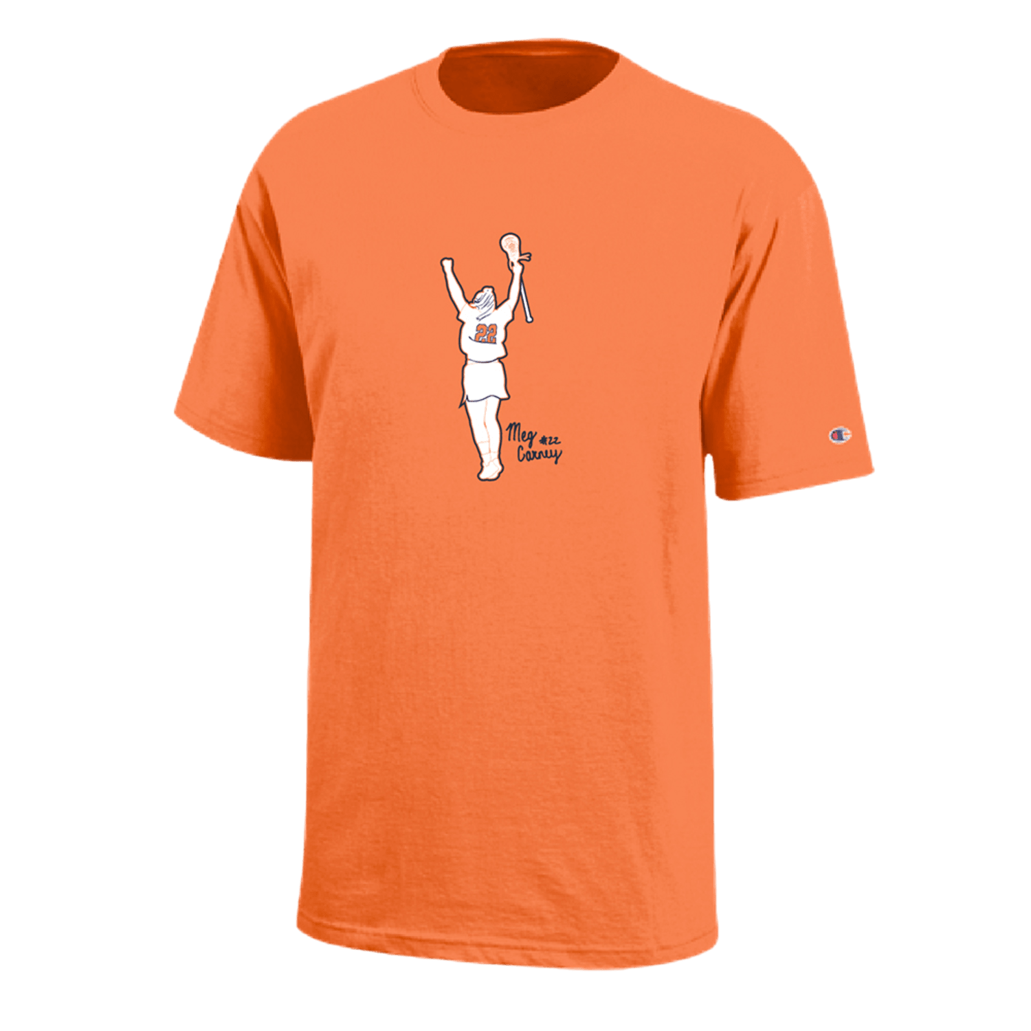 Product Description: The Lax.com LE Meg Carney Player T-Shirt in vibrant orange showcases a silhouette of a person triumphantly holding a trophy, clad in a sports jersey. The text on the shirt reads "Mayo All County." The sleeve proudly displays the Champion logo, reflecting the victorious essence of Team USA's legacy.