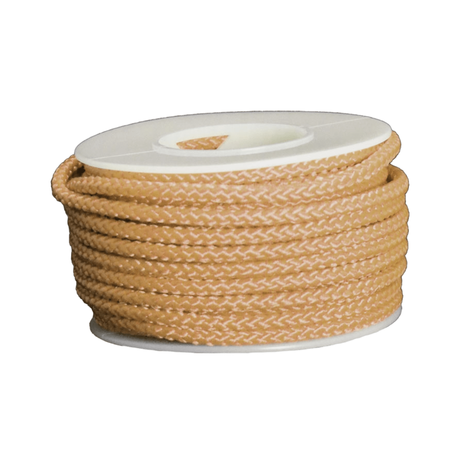 The Lax.com Sidewall String 10yd, braided in beige and coiled around a white cylindrical holder, evokes the look of premium materials perfect for lacrosse sidewall repair, set against a simple backdrop.