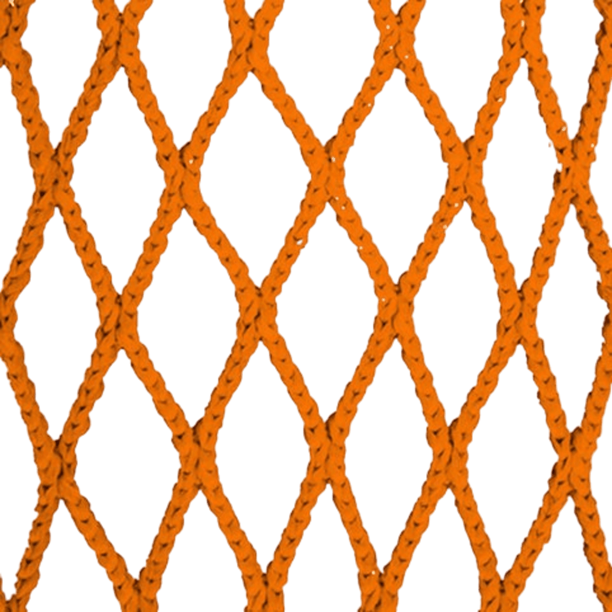 Close-up of the Lax.com 6D Mesh in an orange diamond lacrosse net pattern against a solid green background, featuring diamond-shaped openings designed for higher pockets.