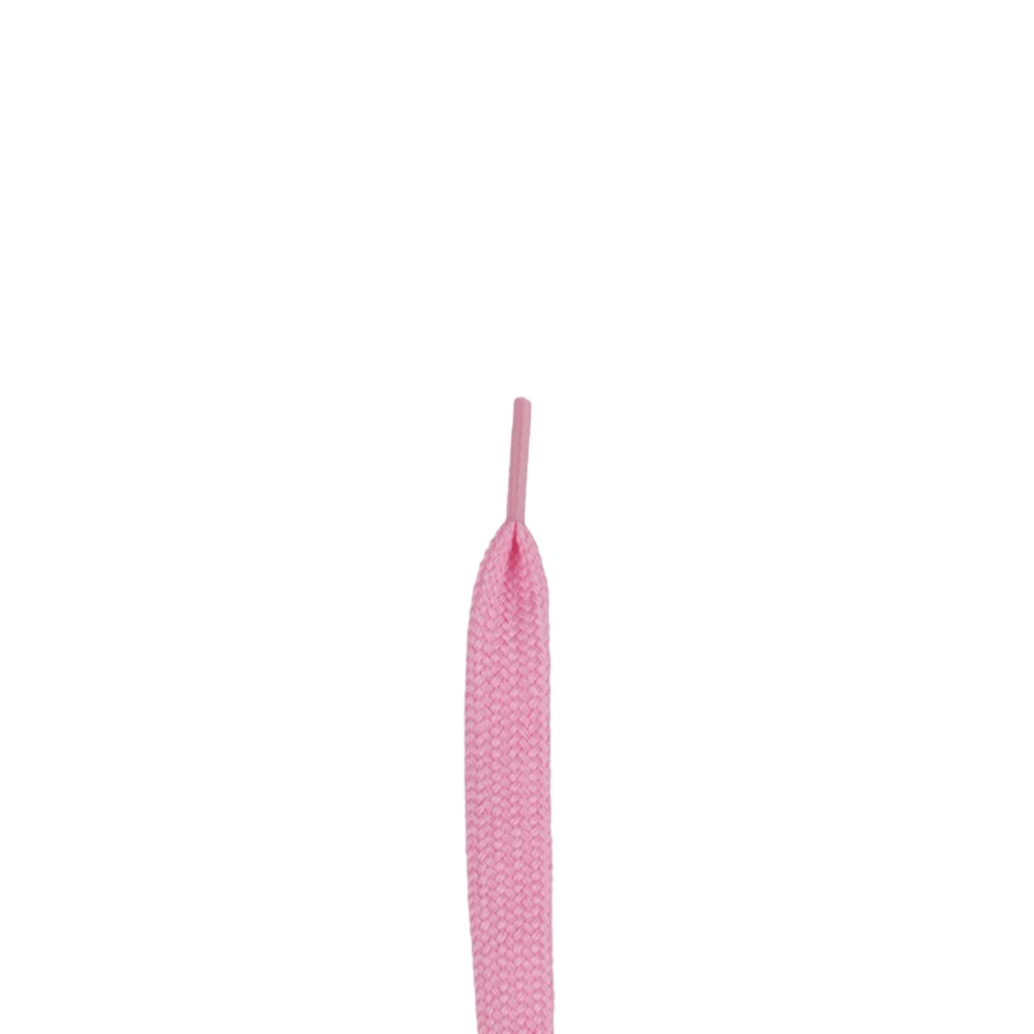 A close-up of a single pink Lax.com Shooting String featuring top-quality stringing and a durable plastic aglet, set against a plain green background.