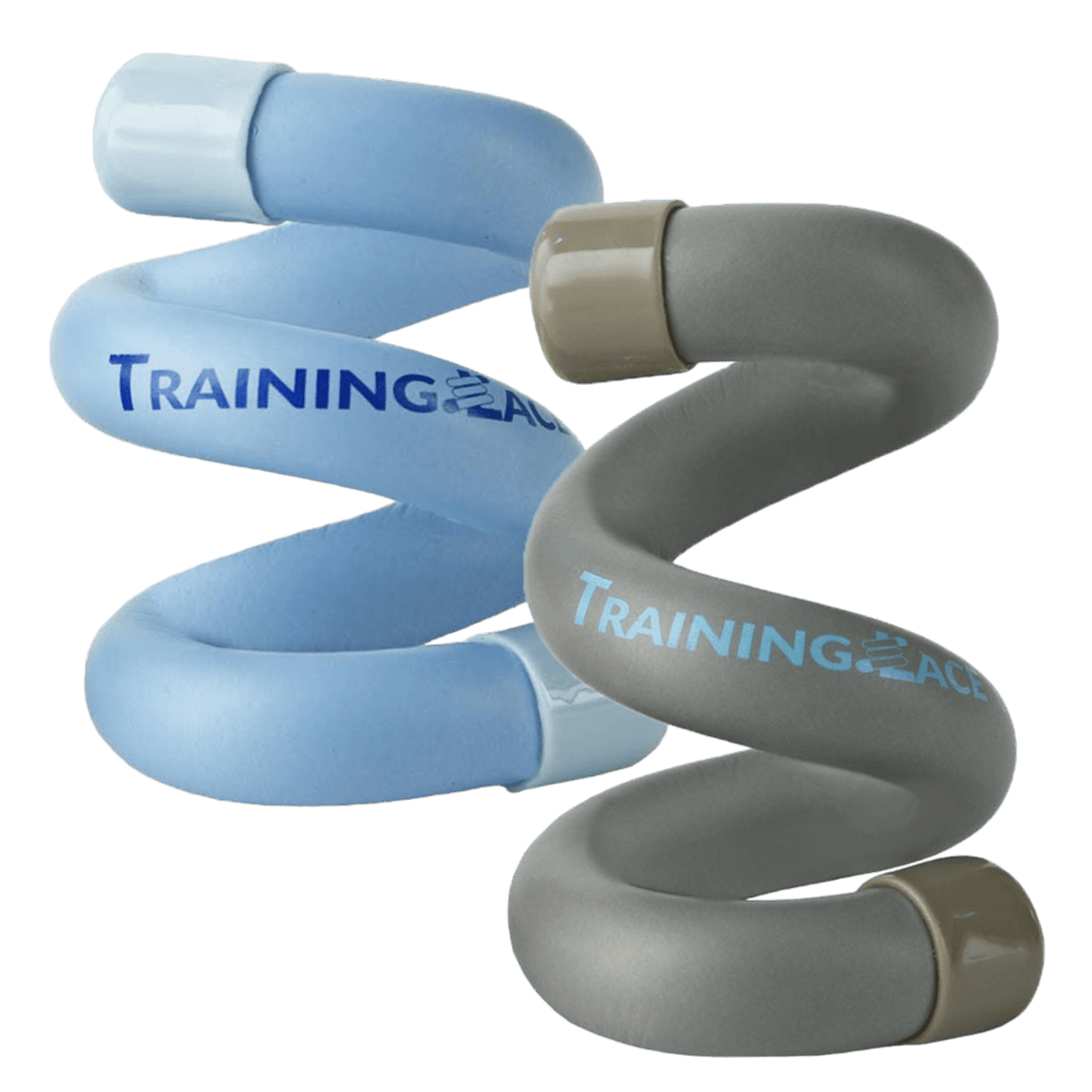 Two ManUp Combo-Lacrosse Training Laces, one in blue and the other in gray, both branded with "TrainingLace," are perfect for enhancing your lacrosse training. Designed with rounded ends for a secure grip, they effectively help improve shot speed.