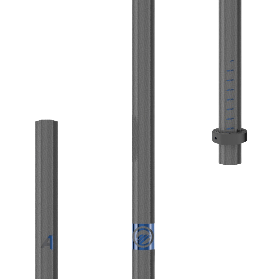 Three gray cylindrical objects with blue accents are displayed vertically. The object on the left is the Maverik A1 2025 Lacrosse Shaft, featuring a textured finish and a blue number "1." The middle object has a blue circular symbol, while the one on the right displays a blue measurement scale and a black bracket.
