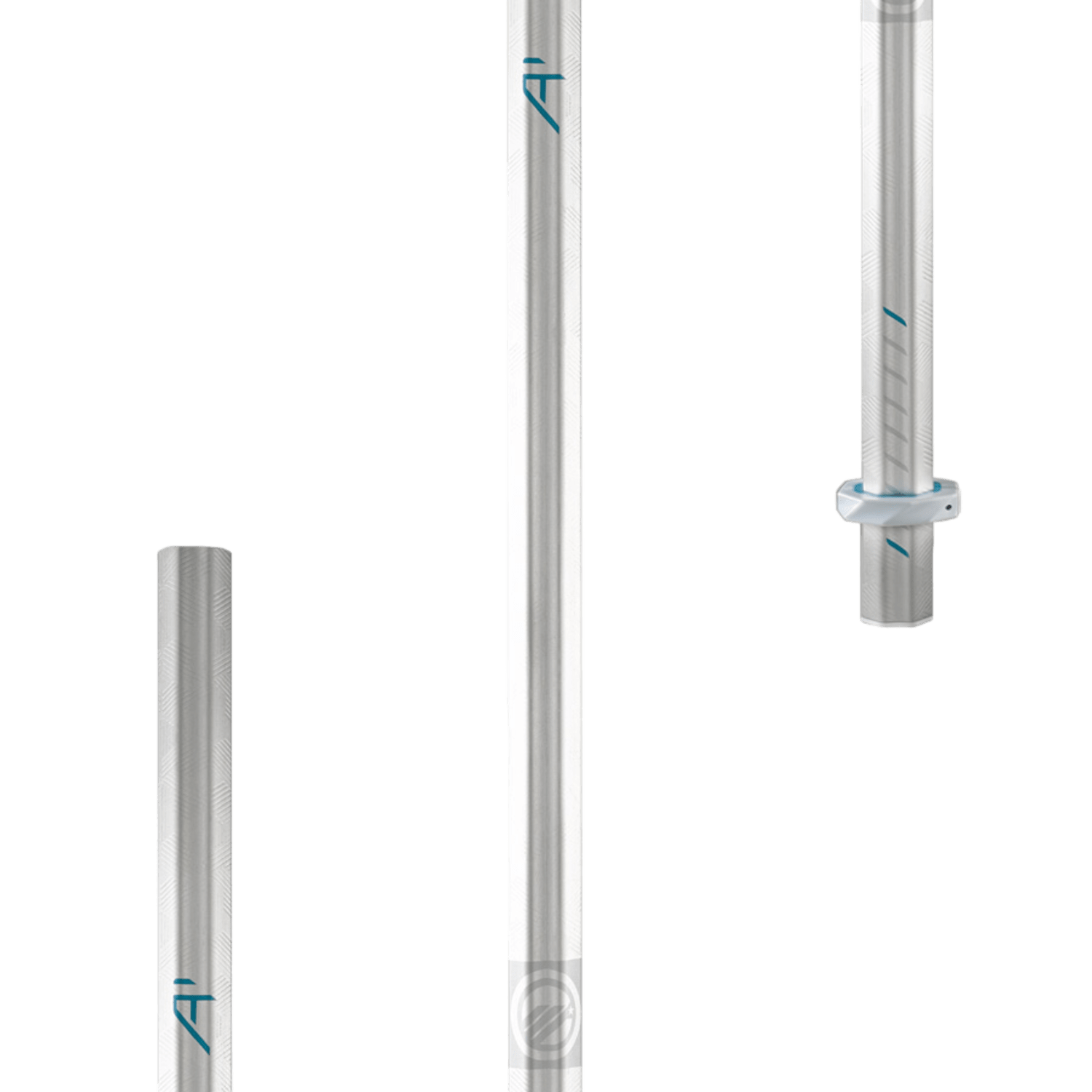 Three **Maverik** silver metal poles with blue accents, crafted in lightweight Scandium alloy, showcase distinct designs. The first has a plain smooth surface; the second is akin to the **Maverik A1 Goalie Shaft** with subtle detailing and a tapered end; the third includes a ring with additional markings.