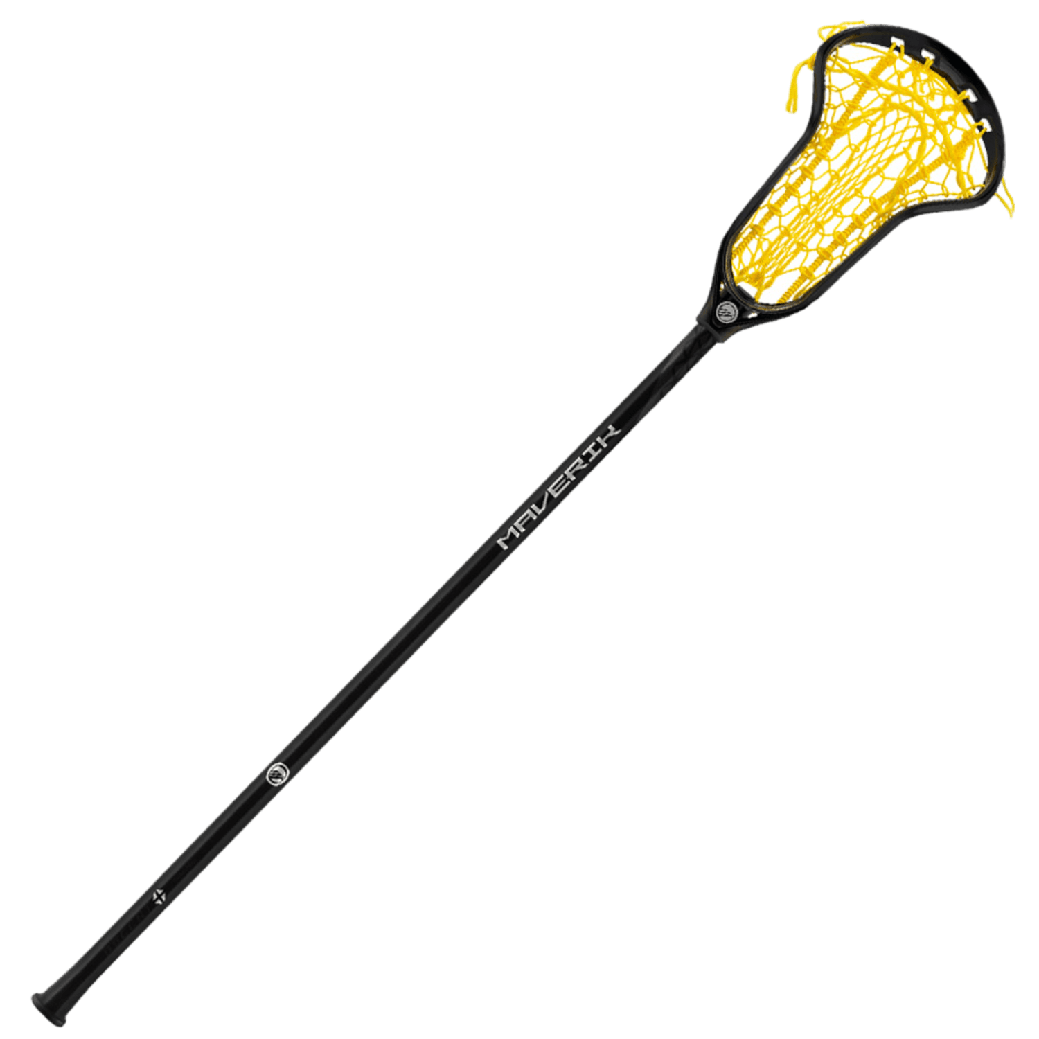 The lacrosse stick, model 3003307EACH by Maverik, includes a black shaft with the brand name displayed and a yellow netted head. It features XRAIL technology and offers a 22-degree release angle for improved performance.