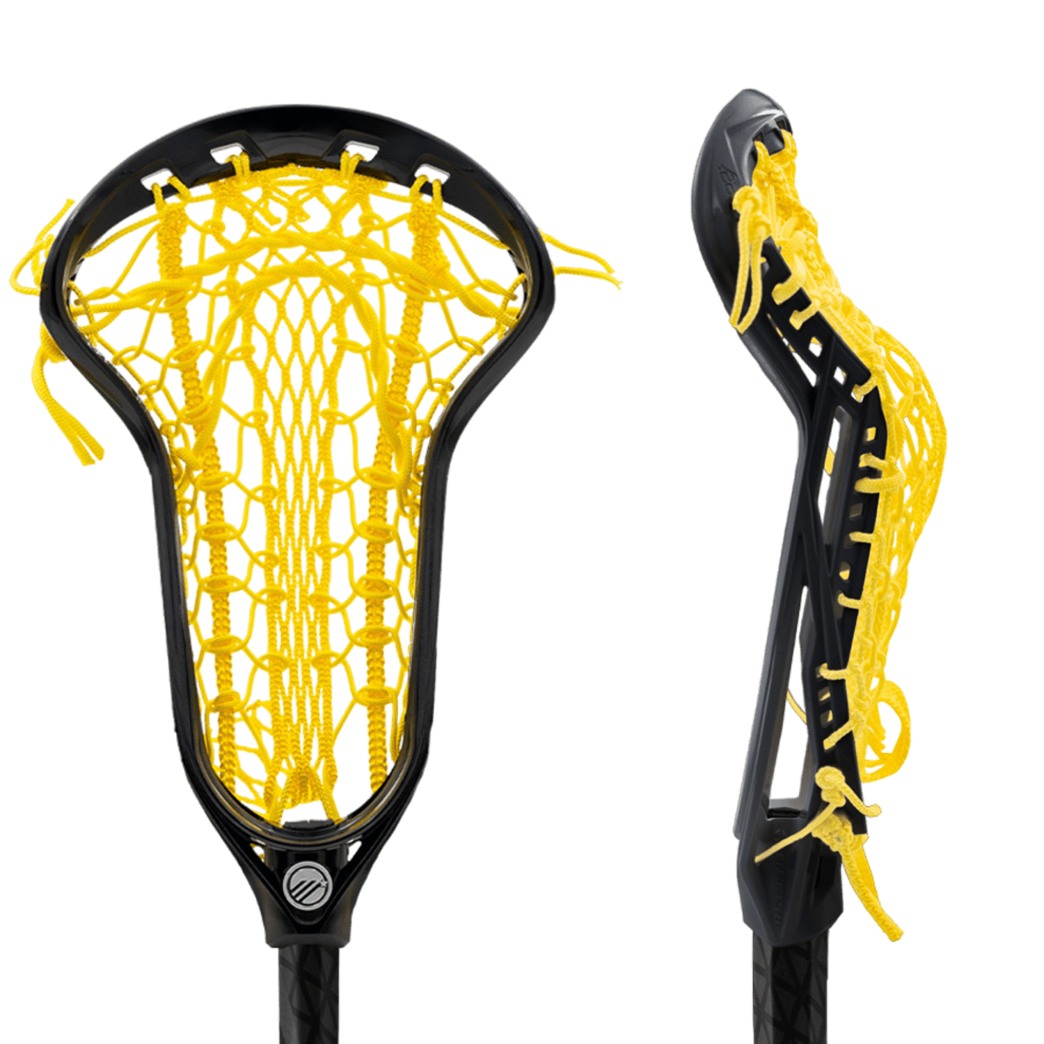 The image displays two views of the Maverik 3003254EACH women's lacrosse head, featuring black framing with bright yellow mesh and a braided runner pocket. One view faces forward, while the side view highlights the intricate stringing pattern designed for quick release.