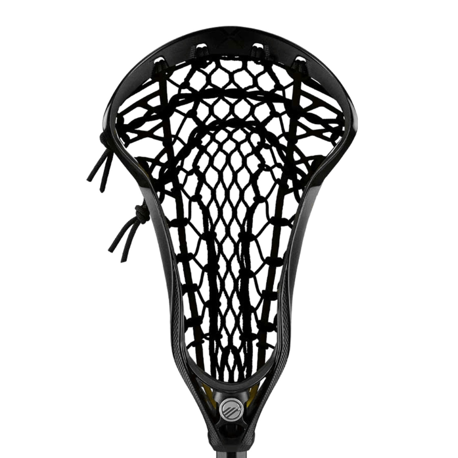 A close-up of the Maverik Axiom Vertex Mesh Strung Lacrosse Head reveals a detailed mesh pocket for enhanced ball control. The sleek, modern design from Maverik features visible laces on the sides, all set against a plain green background.