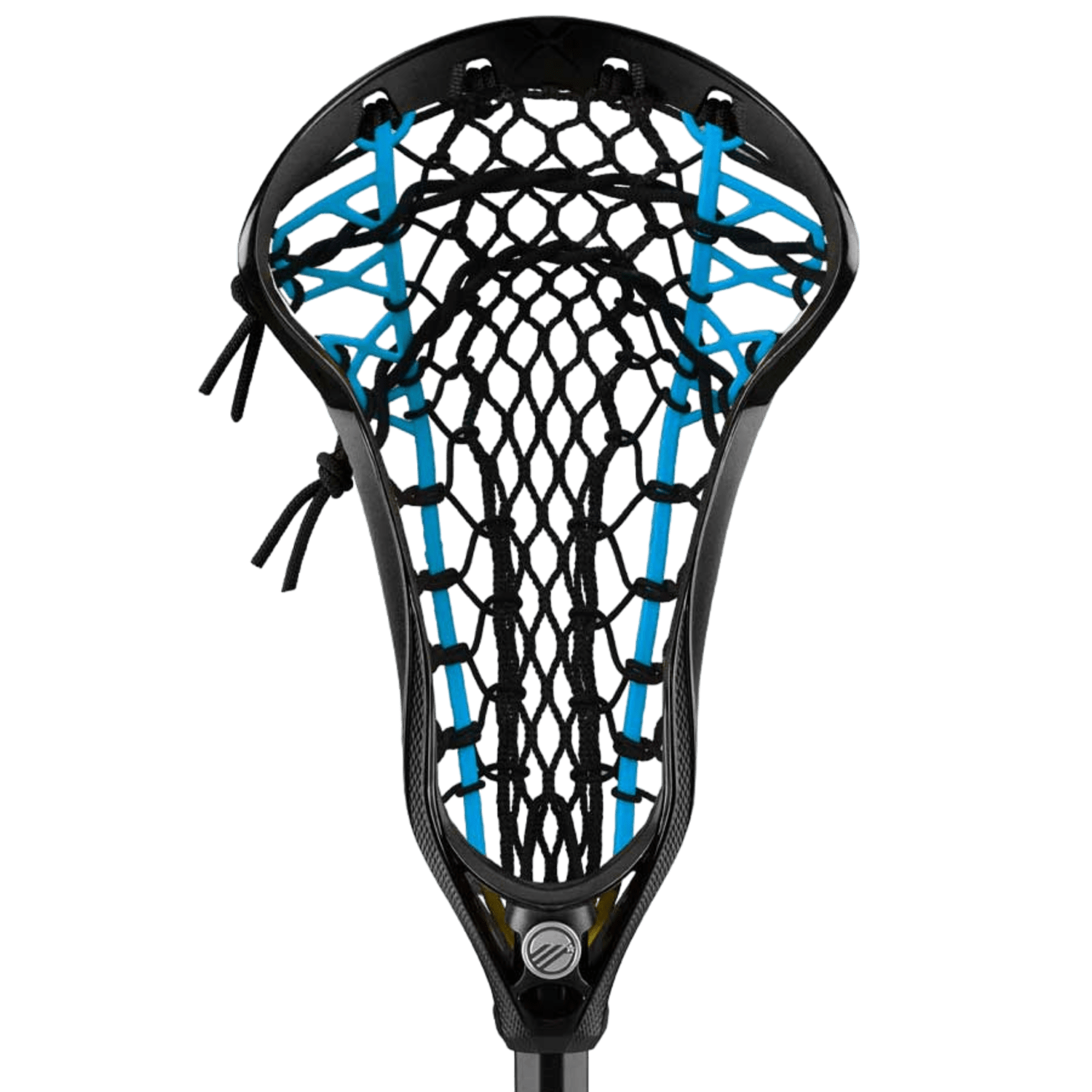 Close-up image of the Maverik Axiom Vertex Mesh Strung Lacrosse Head, showcasing a black frame paired with a blue mesh pocket in a crisscrossed pattern to enhance ball control.