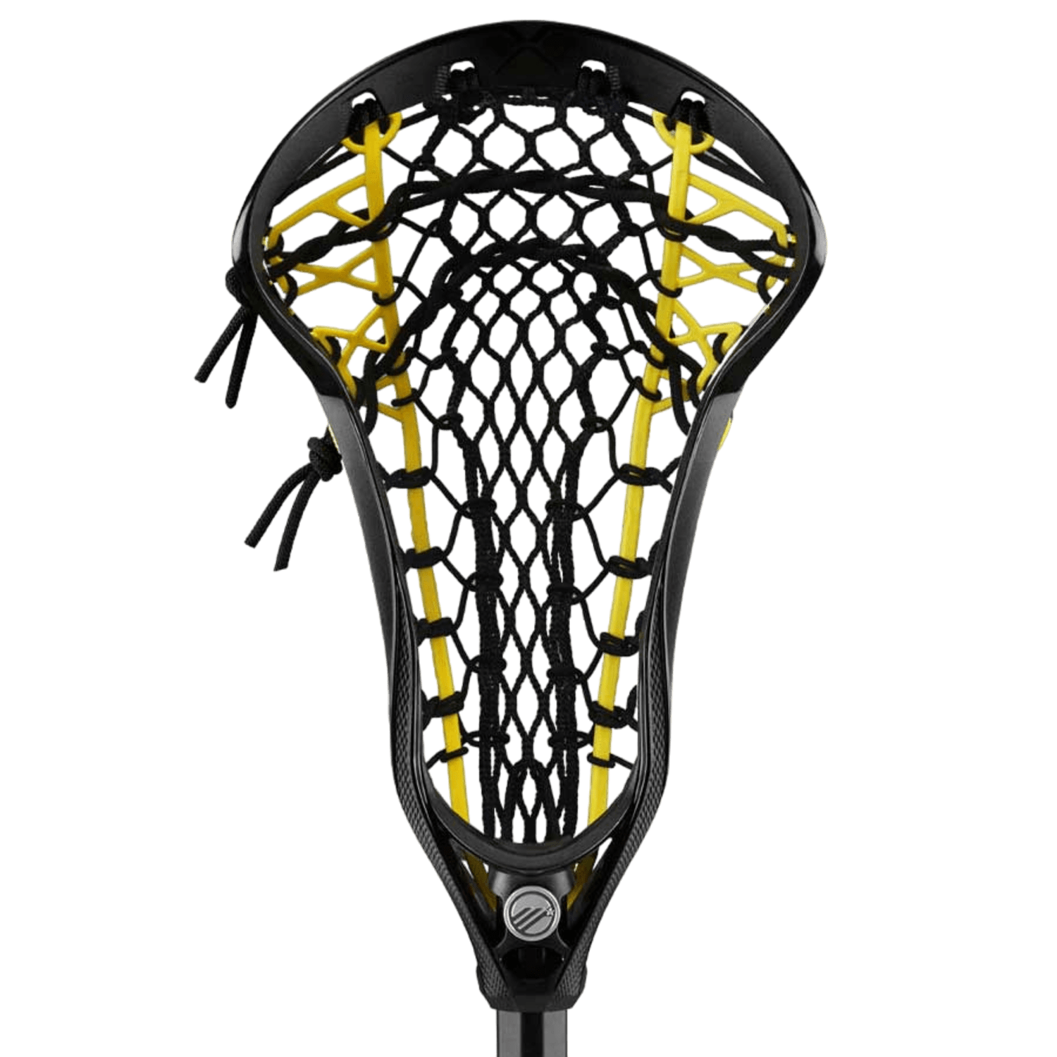 Close-up view of the Maverik Axiom Vertex Mesh Strung Lacrosse Head in black with a yellow and black mesh pocket. The net is intricately woven for optimal ball control, and the stick features a small metallic Maverik logo near the base of the pocket.