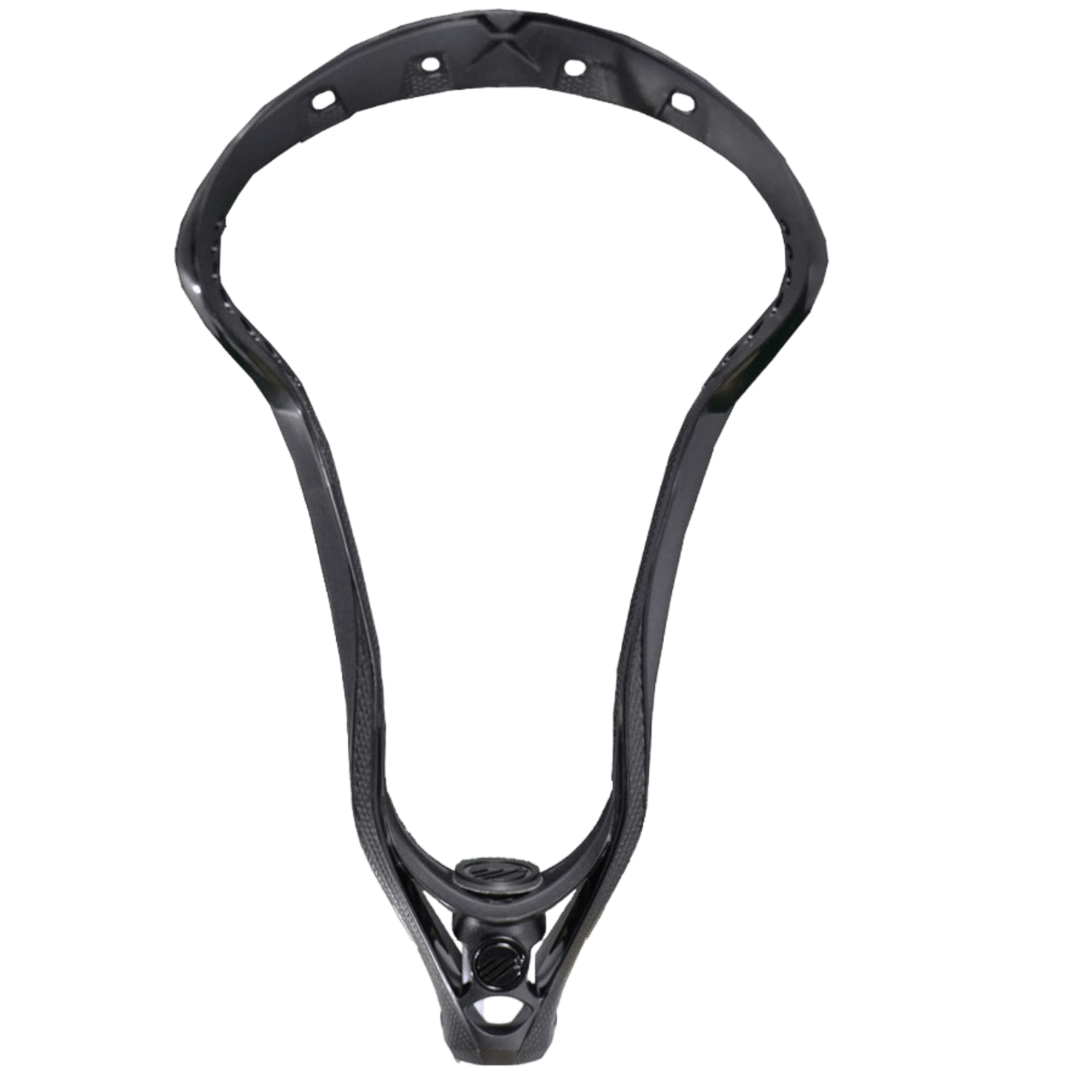 The Maverik Axiom Unstrung Lacrosse Head by Maverik showcases a black, symmetrically curved design with a wide top and narrow bottom for optimal ball cradling. This women’s lacrosse head incorporates perforations for easy stringing of the netting and is displayed against a plain white background.