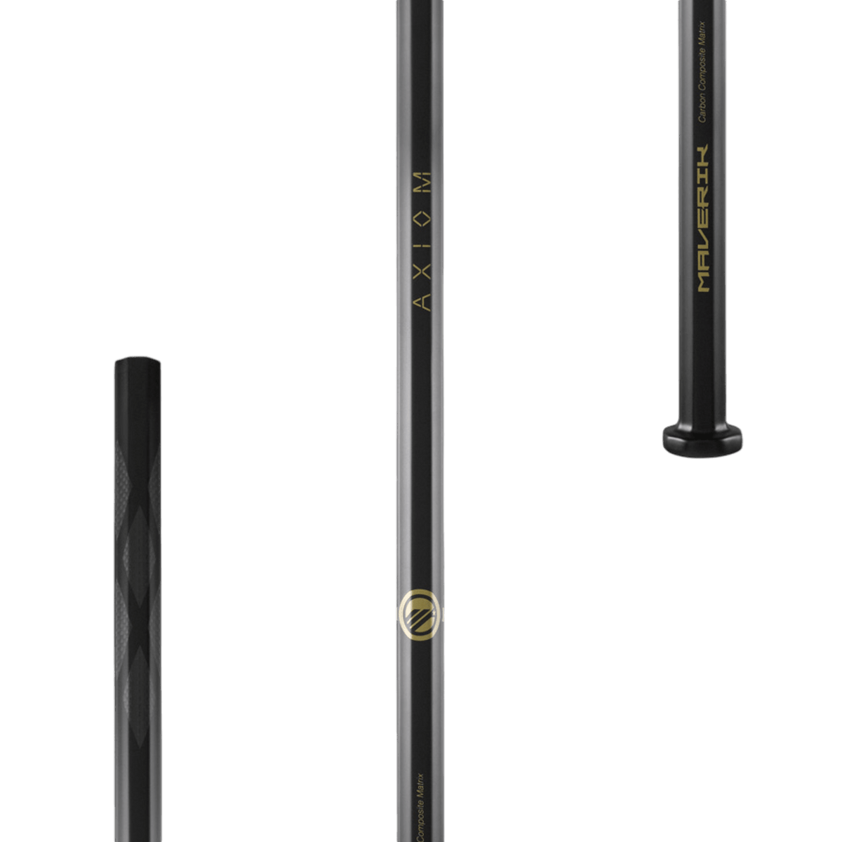 Three stylish Maverik Axiom lacrosse shafts, featuring unique metallic designs and lengths, are crafted with a carbon composite matrix for varying textures and finishes on a sleek transparent backdrop. Designed specifically for women's lacrosse, they showcase a modern aesthetic that stands out on the field.