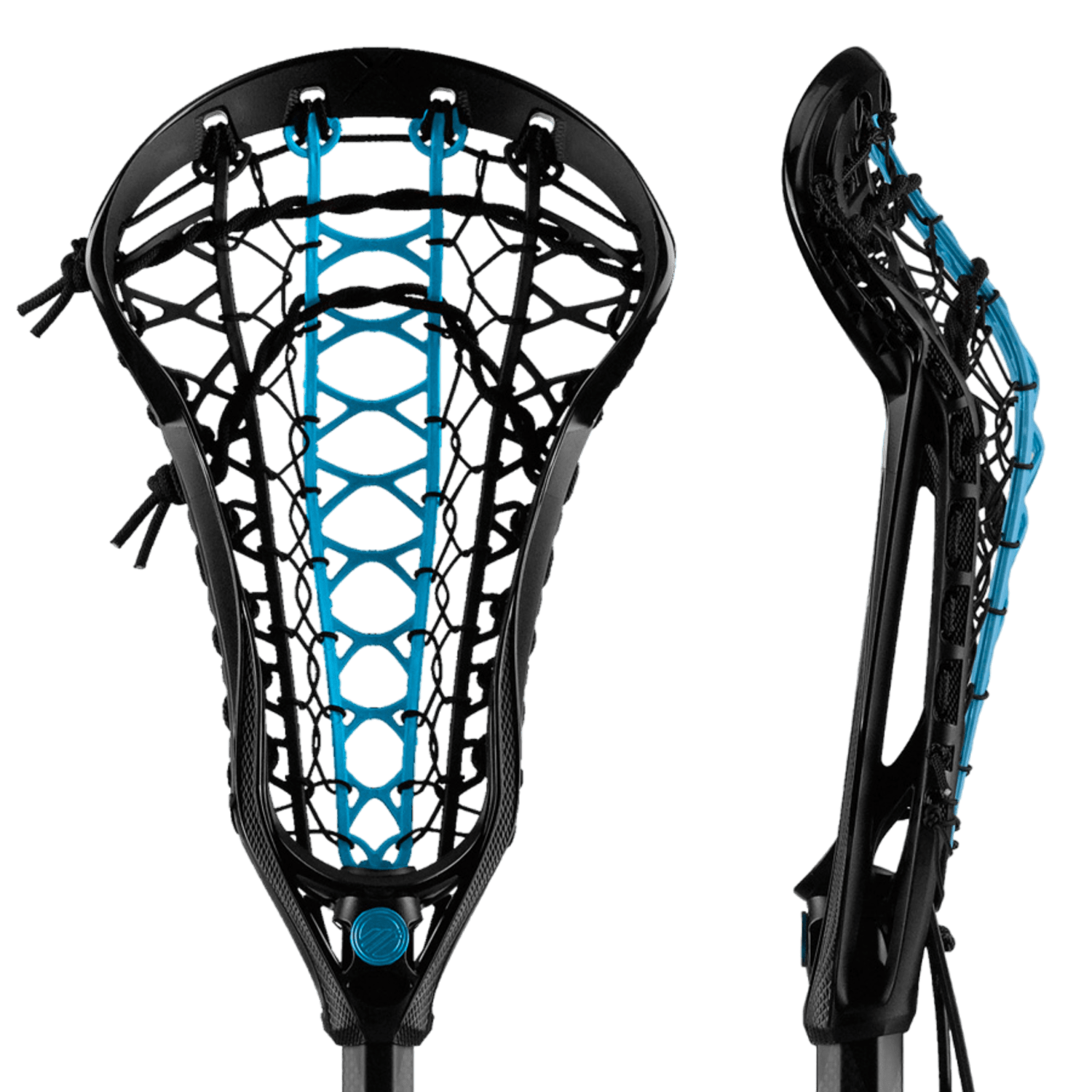 The Maverik Axiom Vertex Runner Strung Lacrosse Head is shown from two angles, revealing blue netting. The front view displays the detailed mesh pattern of the Vertex pocket, while the side view emphasizes its sleek profile.