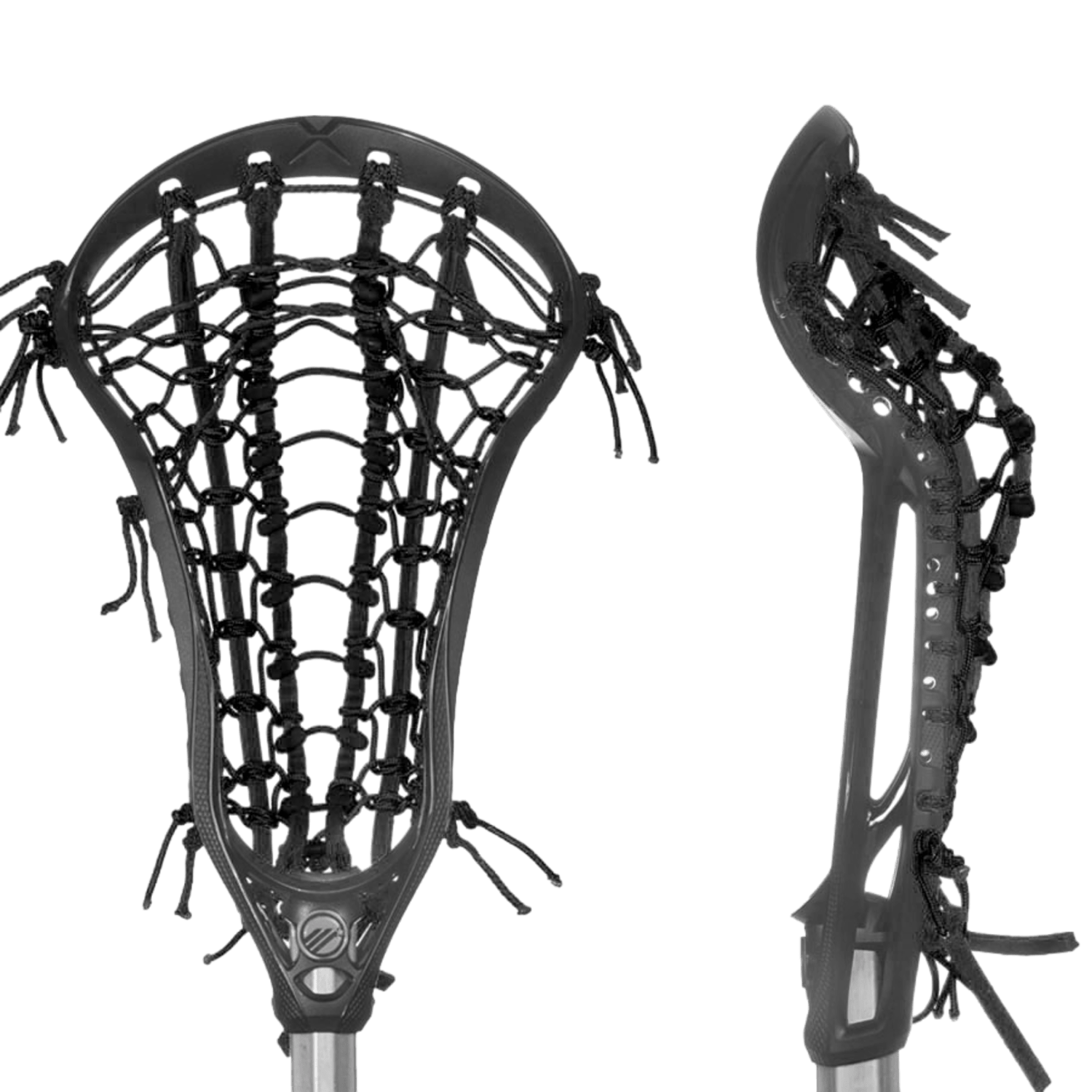 Two lacrosse stick heads are displayed, one oriented forward and the other viewed from the side. The Maverik Axiom Rail Elite Strung Lacrosse Head, recognized for its black mesh netting and strings, complements the Pro Rail Elite design seamlessly. The sticks are set against a plain white background.