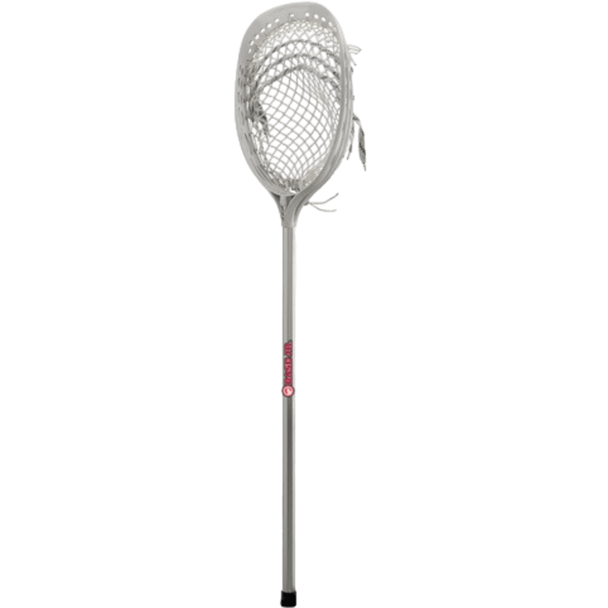Introducing the Maverik Base Jr. Ministick, featuring a large white mesh netting for optimal ball-catching. Its durable aluminum shaft ensures long-lasting performance, while the brand label in the center stands out against a transparent background—making it a perfect fiddle stick for enthusiasts.