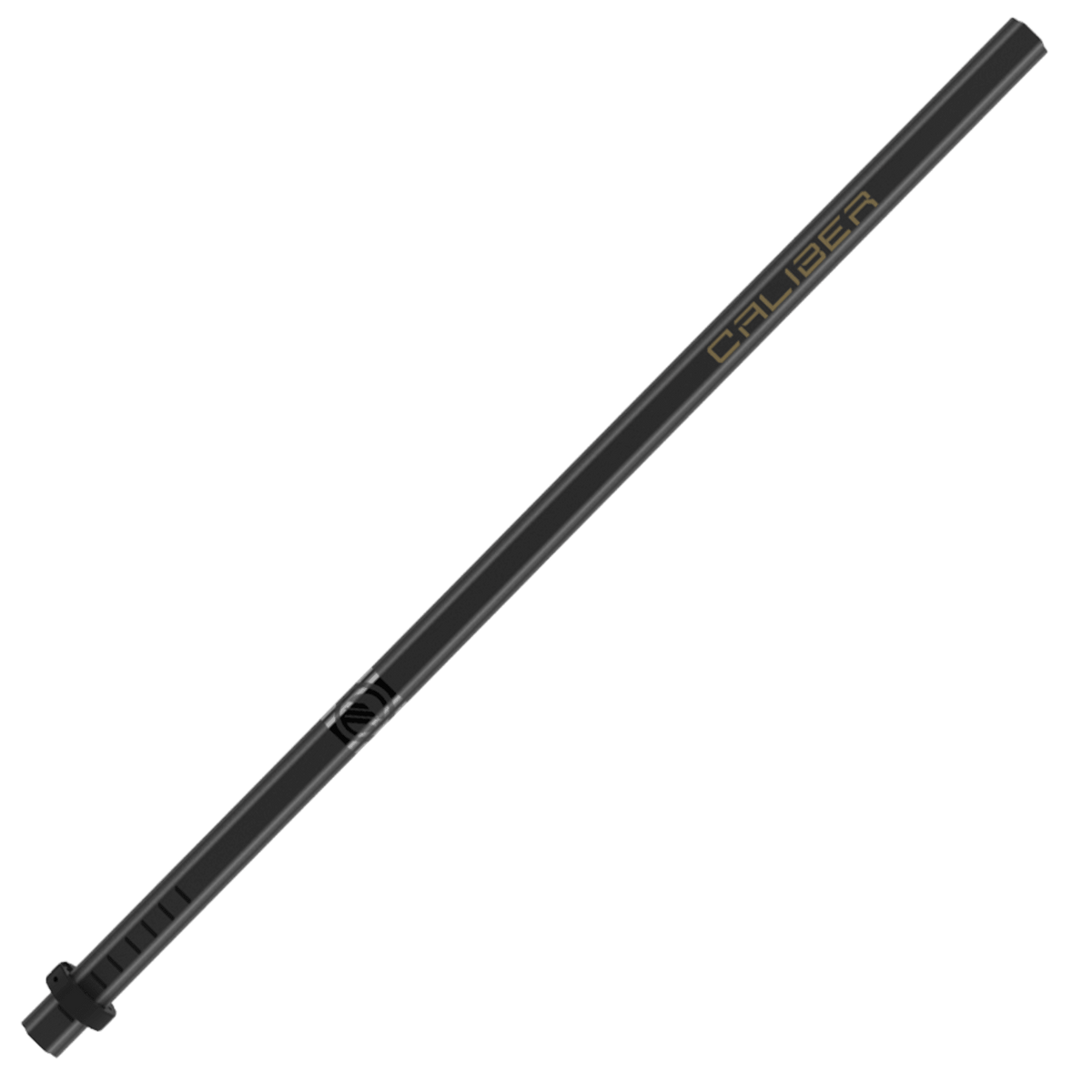 A rugged black cylindrical tube labeled "Maverik" in gold lettering showcases a grip-like end and exudes robust, military-grade strength. Its unique Scandium-Titanium blend presents grooves and a textured surface. Angled diagonally against a plain backdrop, it embodies the durability of the Maverik Caliber 2024 Lacrosse Shaft.