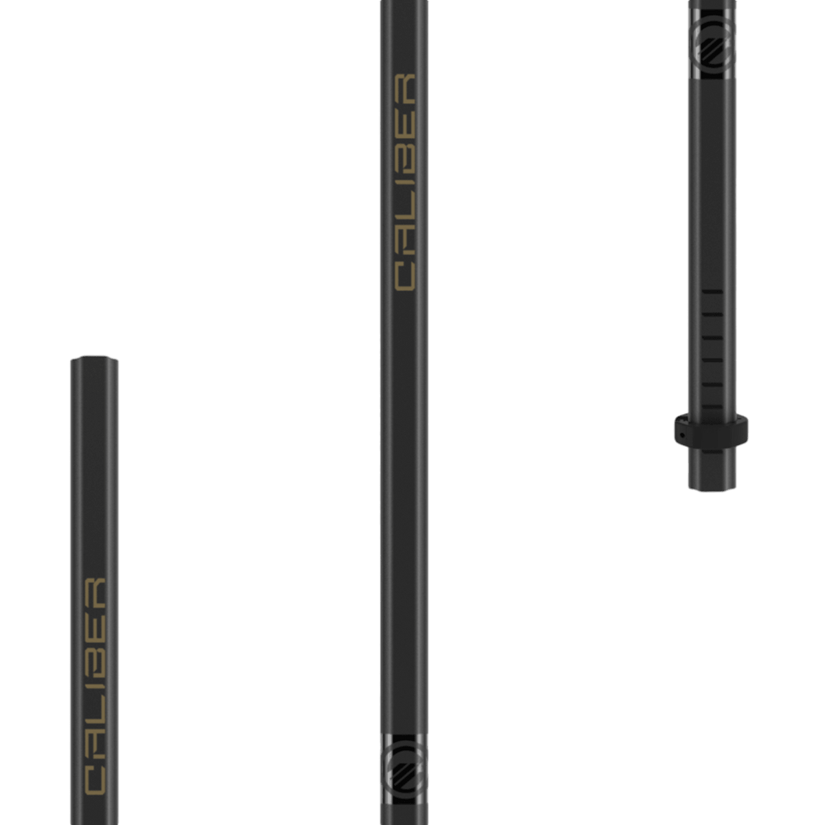 The Maverik Caliber 2024 Defense Lacrosse Shaft features three black metal rods made of a Military Grade Scandium-Titanium Alloy, with "CALIBER" elegantly embossed in gold. These sections and connectors from Maverik are beautifully presented against a light grey background.