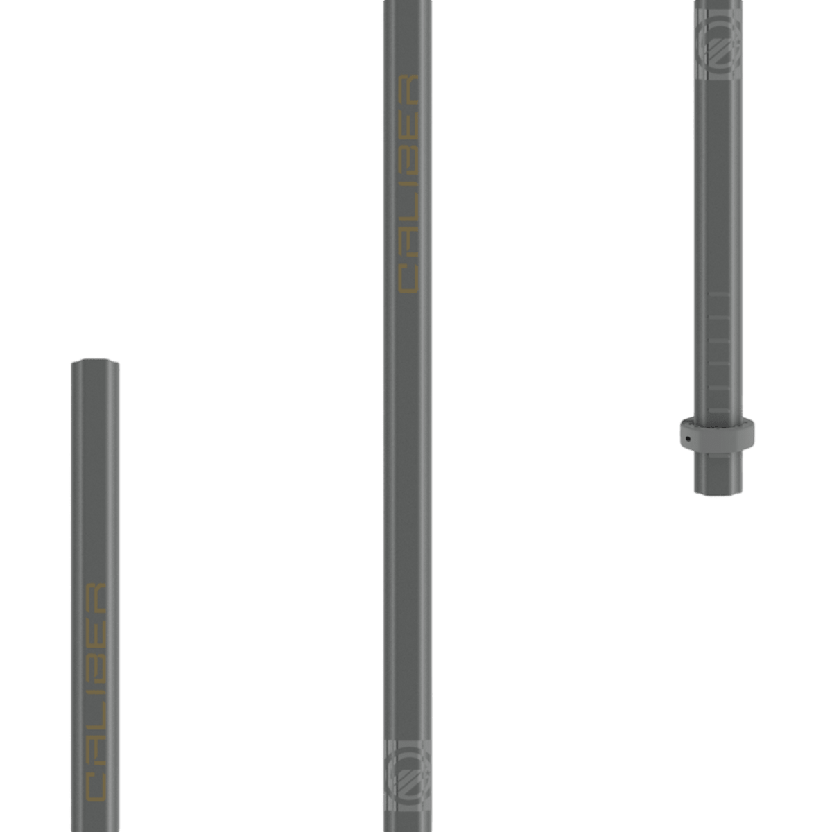 Displayed against a transparent background are three black cylindrical objects featuring the word "Maverik" along with geometric designs. Constructed from military-grade scandium-titanium alloy, these Maverik Caliber 2024 Defense Lacrosse Shafts come in different sizes, with the largest one highlighting a detailed section at the top.
