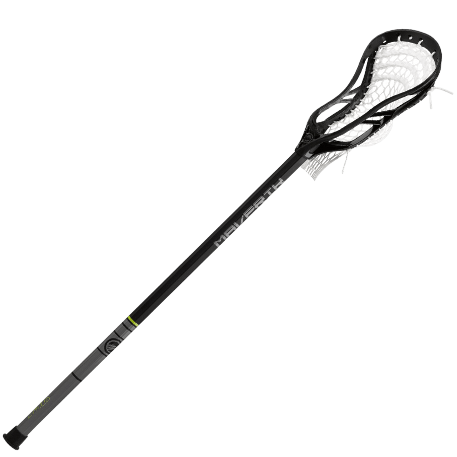 Maverik Critik Alloy Complete Stick in black for boys features a Maverik logo on the 7000 series alloy shaft, a white netted head with black strings, and a rubber grip at the bottom of the handle.