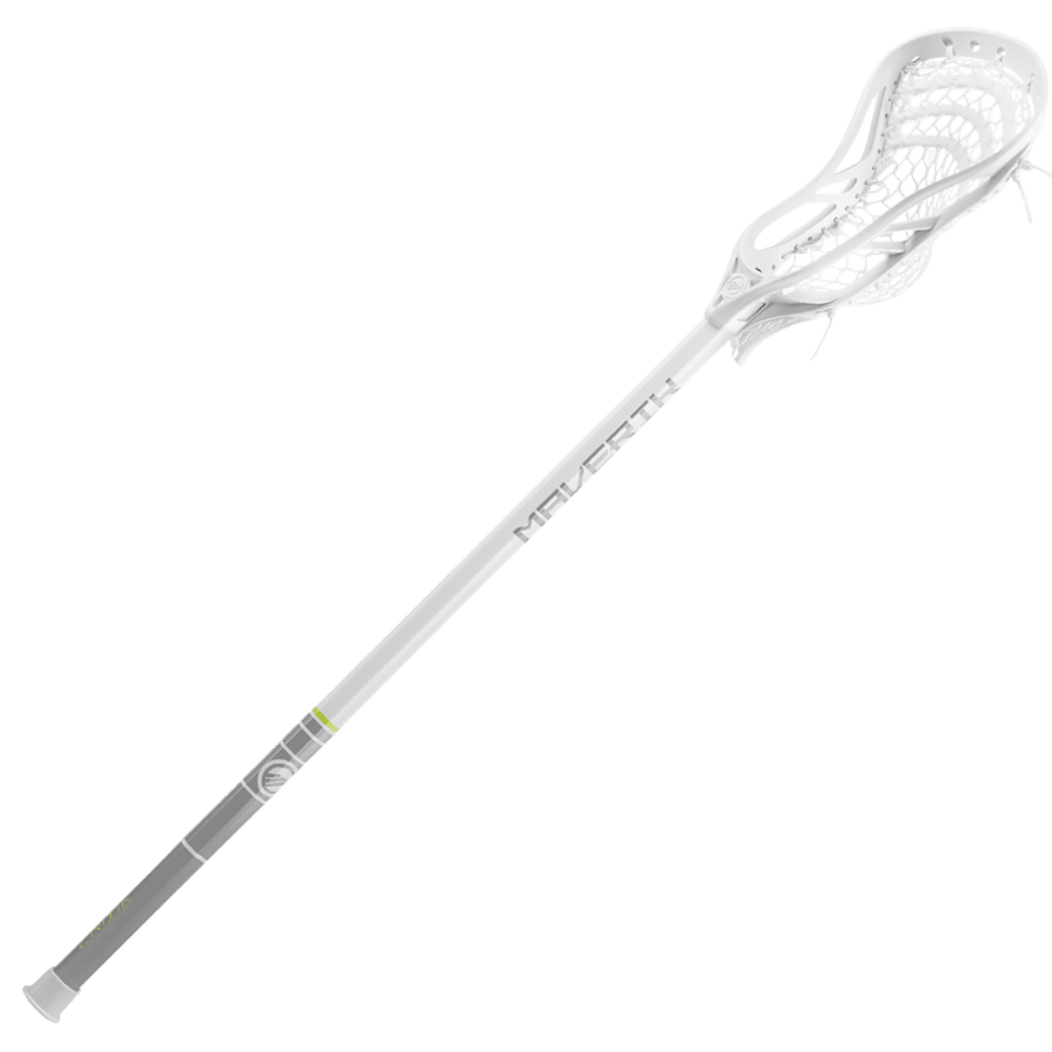 A lacrosse stick from Maverik, featuring a netted head and a durable 7000 series alloy shaft in white. The grip section near the bottom ensures excellent control, while sleek Maverik branding text runs along its length. The complete stick is positioned diagonally against a plain background.
