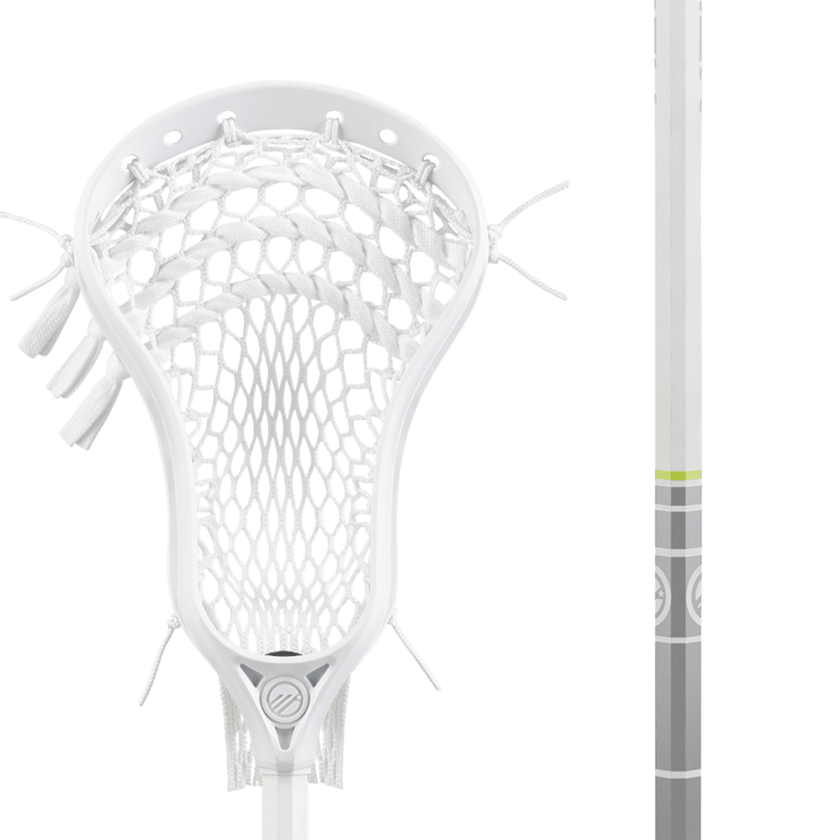 Close-up of the Maverik 3003246EACH lacrosse stick for U10 players, highlighting its white mesh head and elongated shaft. The tightly woven netting pairs beautifully with gray and yellow accents on the Critik Alloy ST shaft. The simple background ensures the equipment stands out boldly.