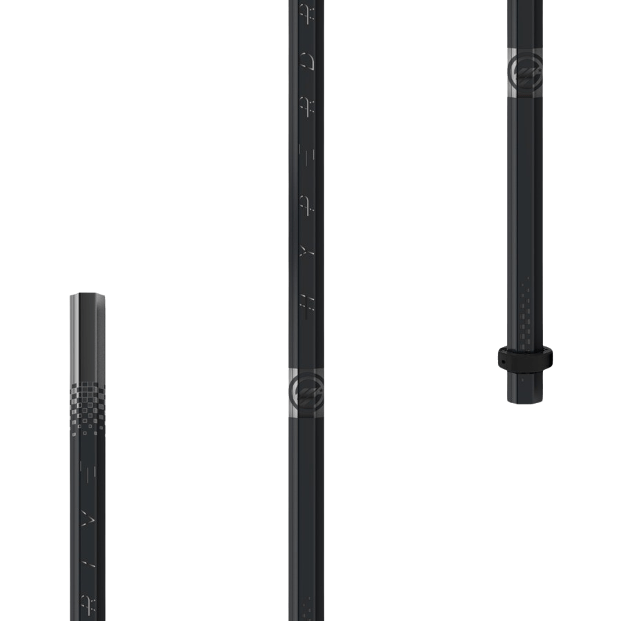 Three Maverik Hyperdrive 2025 Defense Lacrosse Shafts are elegantly displayed with varying perspectives. The glossy finish highlights subtle textured patterns. One features a circular grip near the top, while another boasts a geometric design at the bottom, reflecting the distinctive Maverik style.